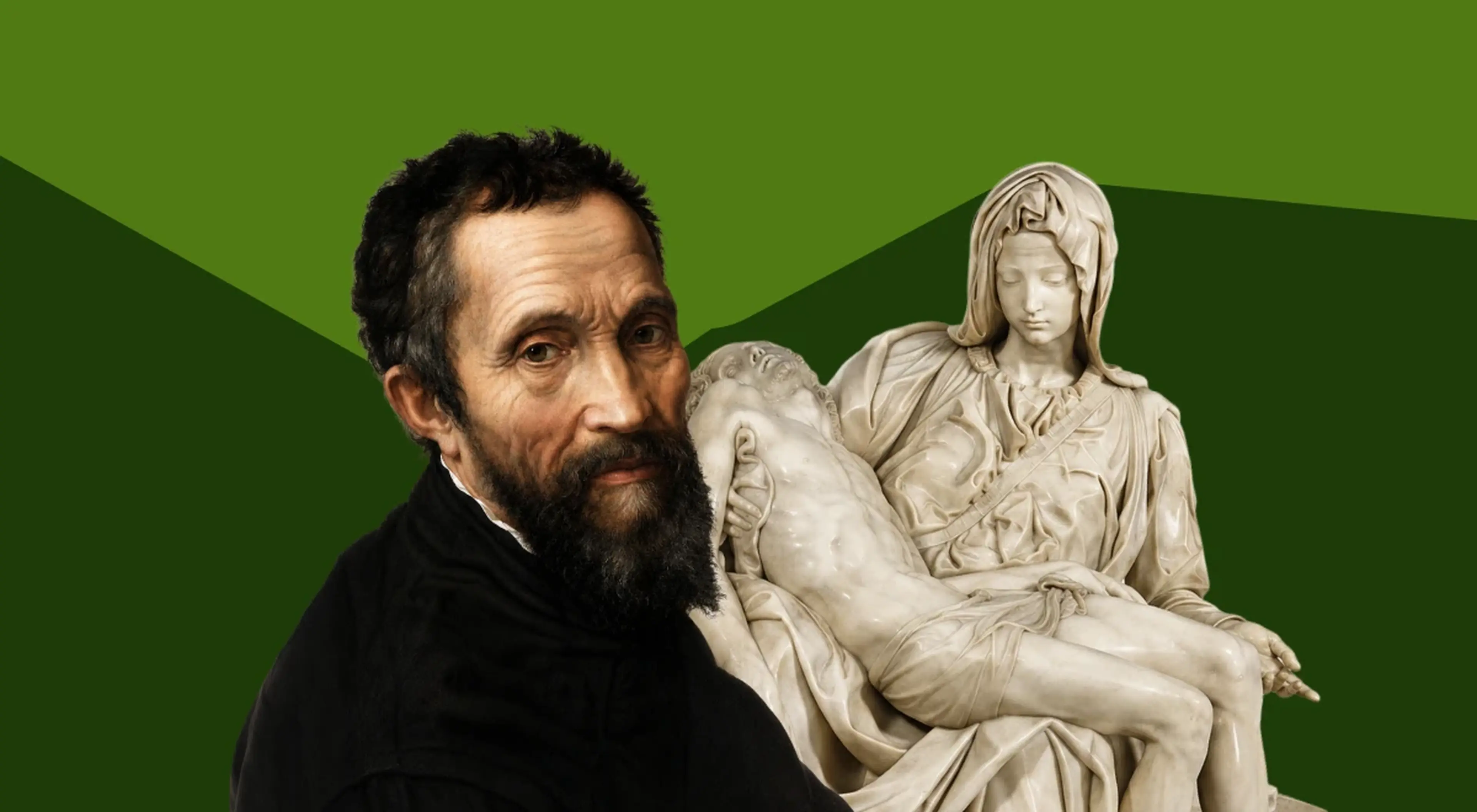 Portrait of Michelangelo with his famous Pietà marble sculpture in the background, depicting the Virgin Mary holding Jesus, set against a dark green geometric backdrop