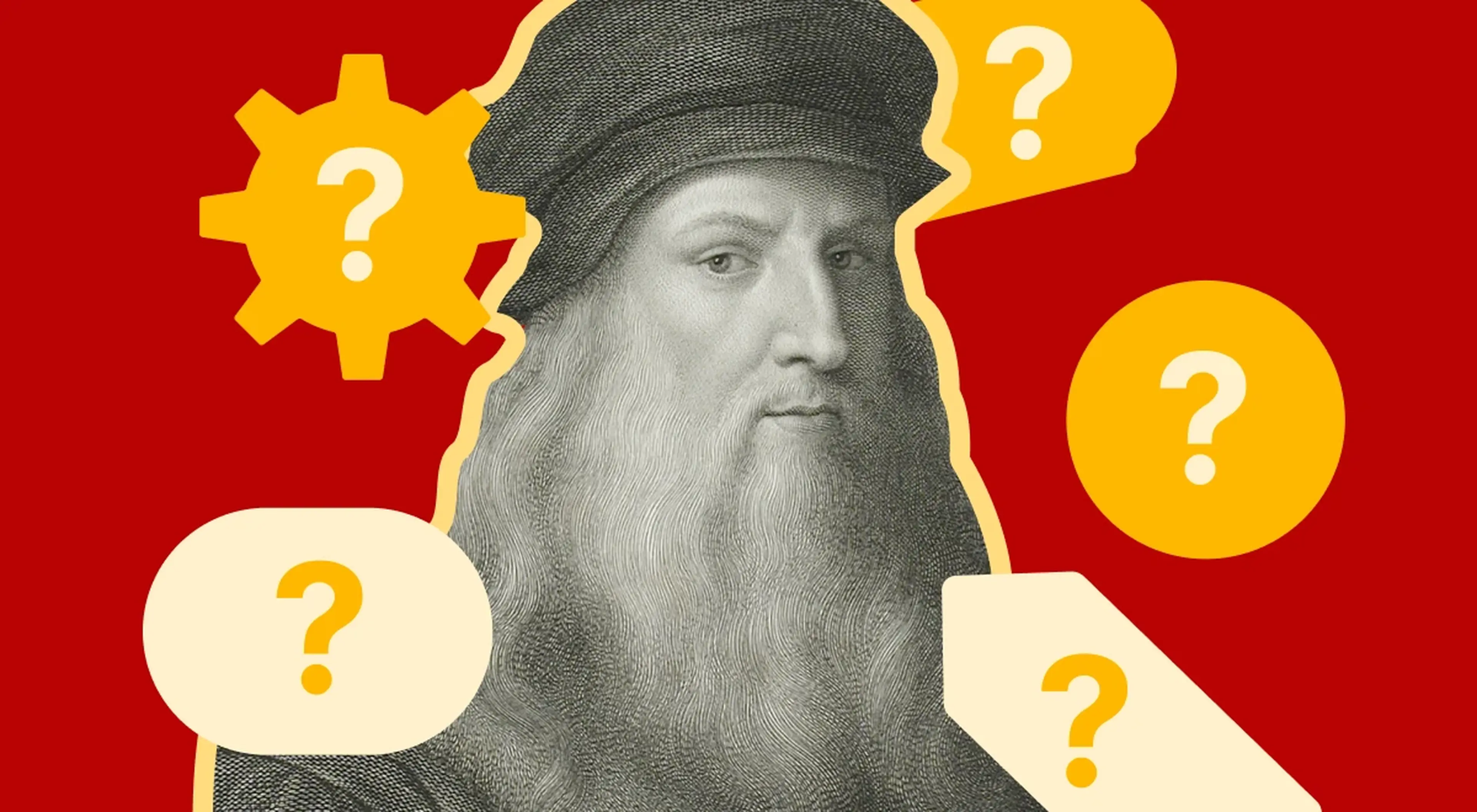 Illustrated portrait of Leonardo da Vinci surrounded by yellow question marks and gear icons on a red background, representing world history trivia quiz