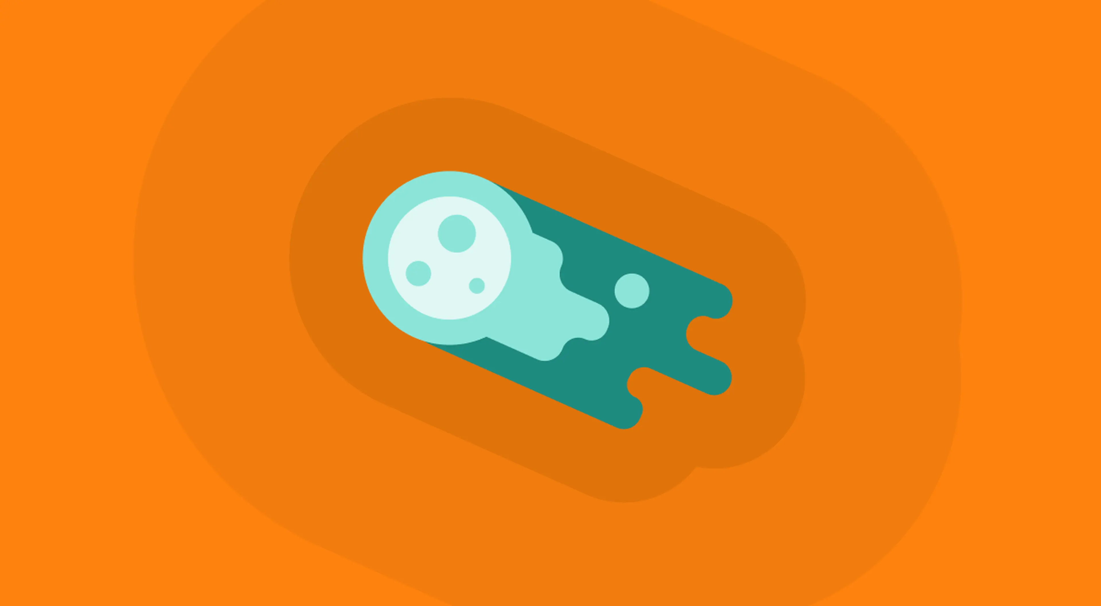 Flat illustration of a pale blue comet with craters and a teal trailing tail on an orange background, representing fun facts about comets