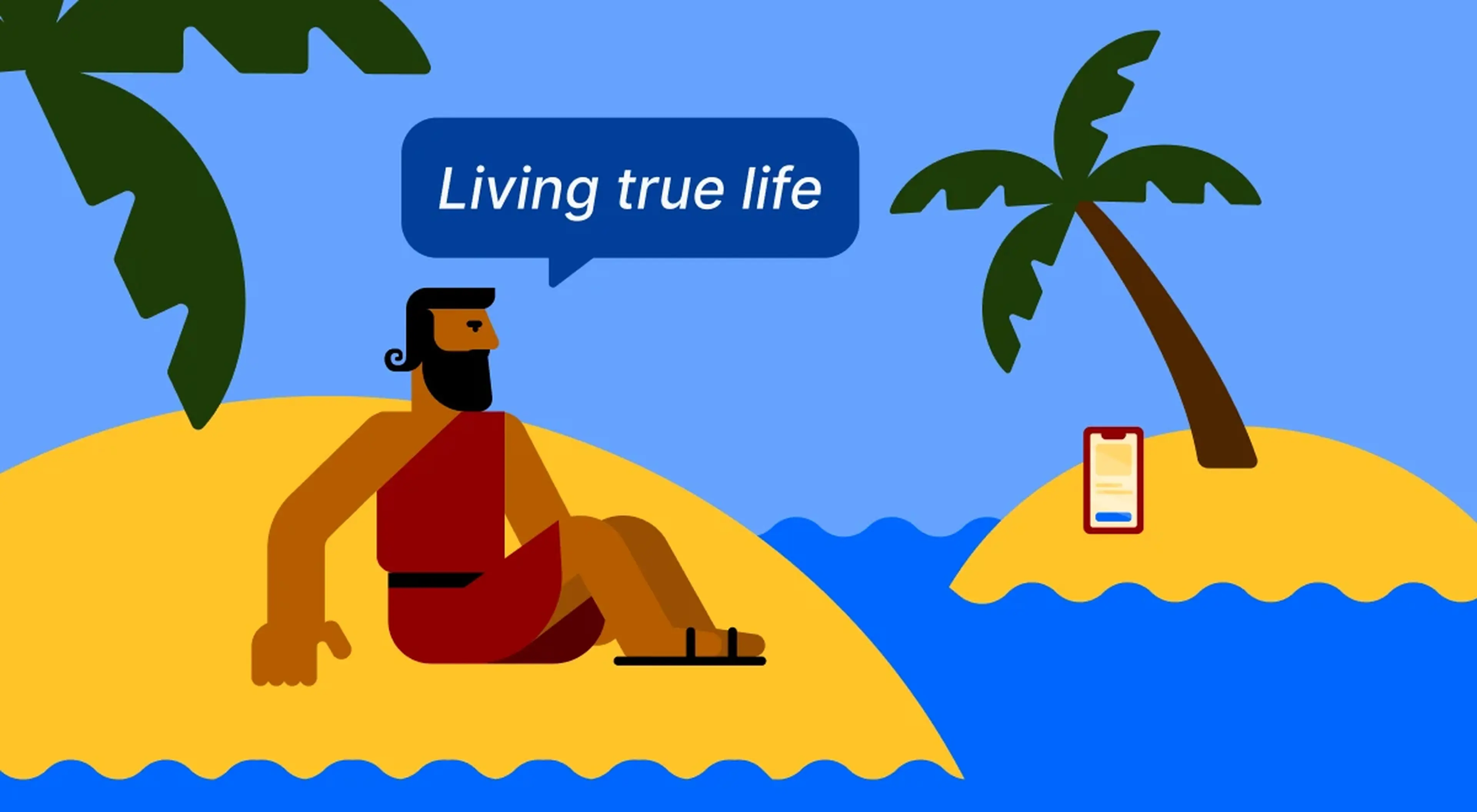 Illustrated bearded man sitting relaxed on a sandy island with palm trees and a smartphone nearby, representing digital detox and mindful living for personal growth