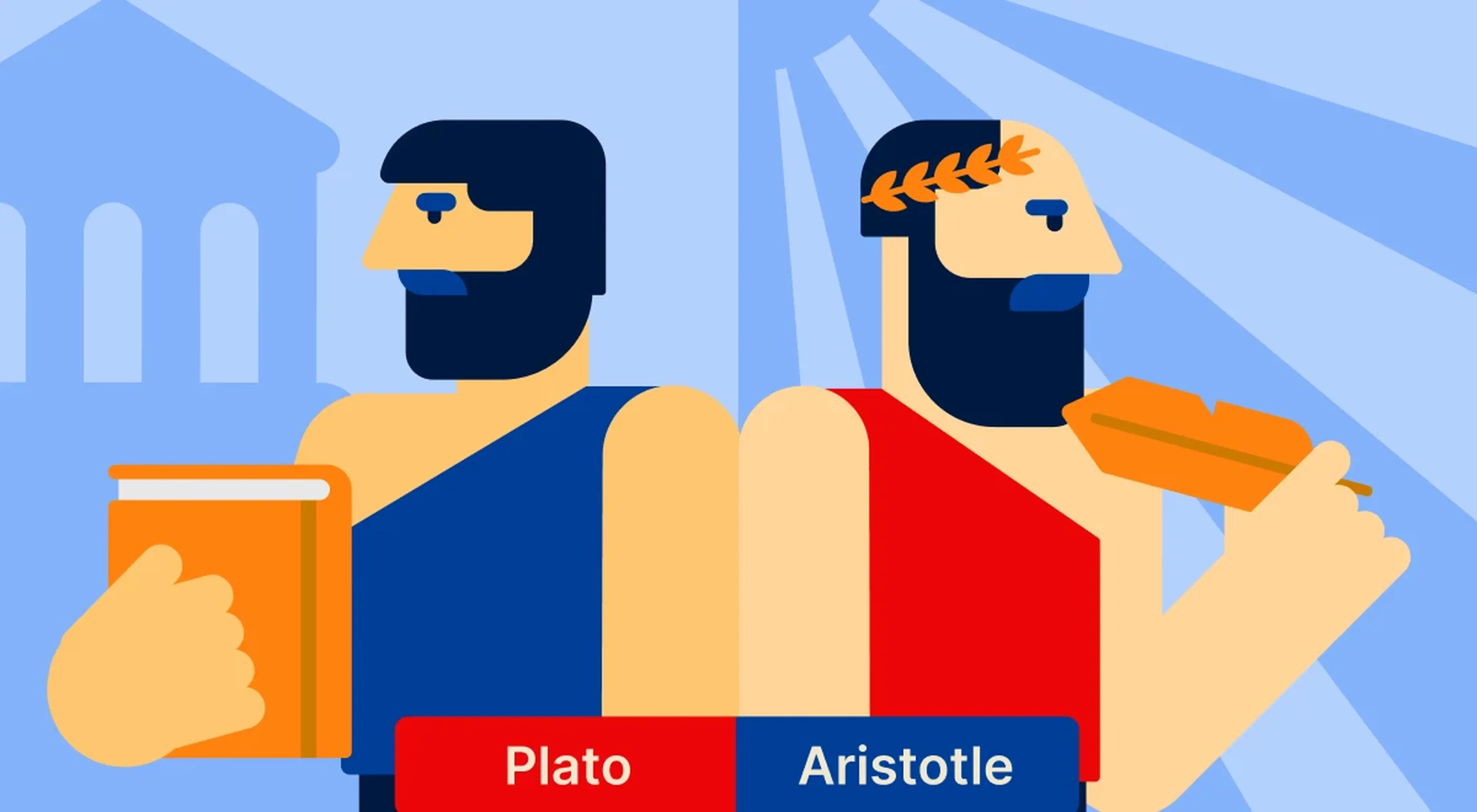 Illustrated comparison of ancient Greek philosophers Plato and Aristotle standing back to back, Plato holding a book and Aristotle holding a tablet, with a Greek temple in the blue background