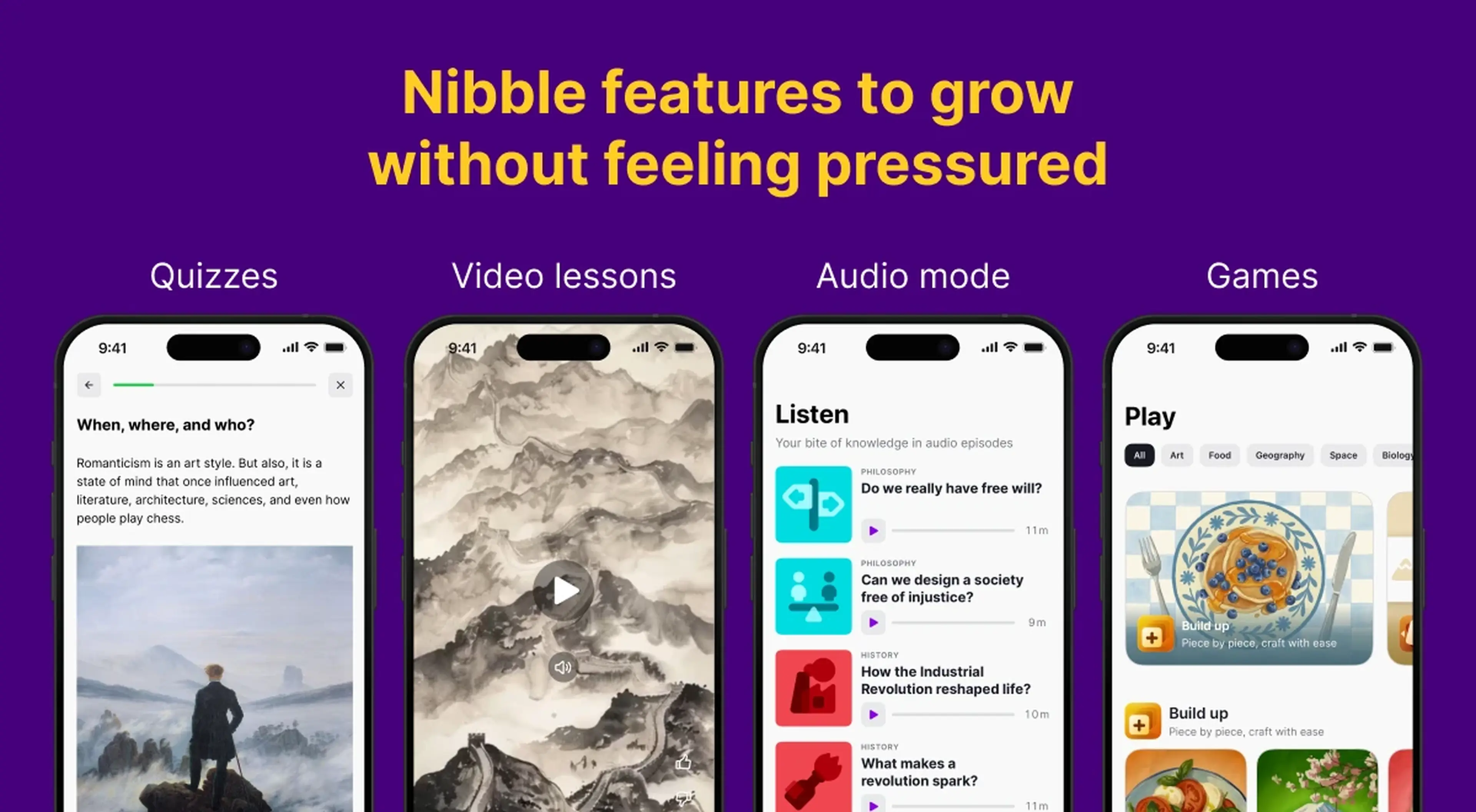 Nibble app features overview on a purple background showing four iPhone screens demonstrating quizzes, video lessons, audio mode, and games learning modes