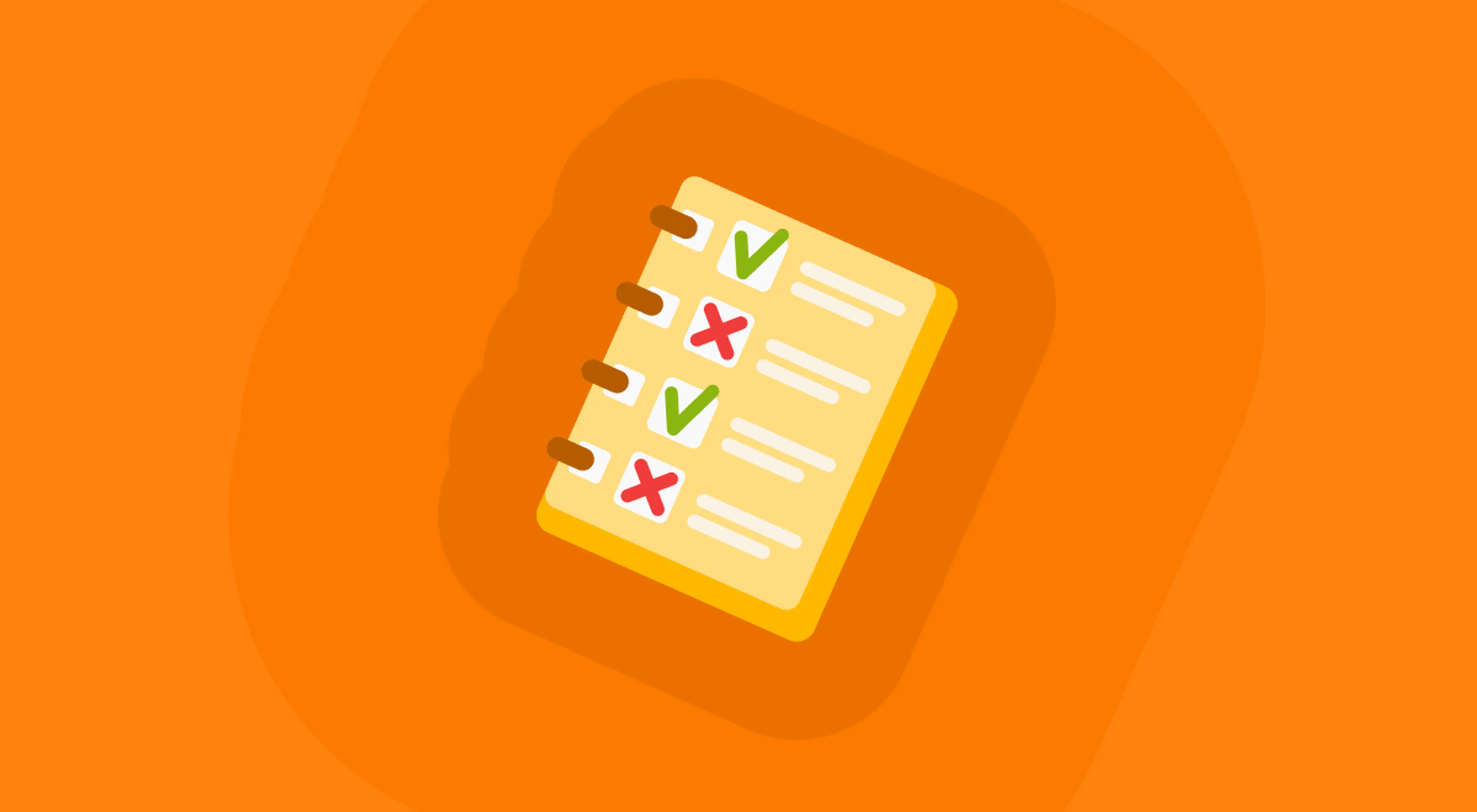 Illustration of a yellow spiral notepad with green checkmarks and red crosses representing right and wrong answers on a common knowledge quiz, set against an orange background