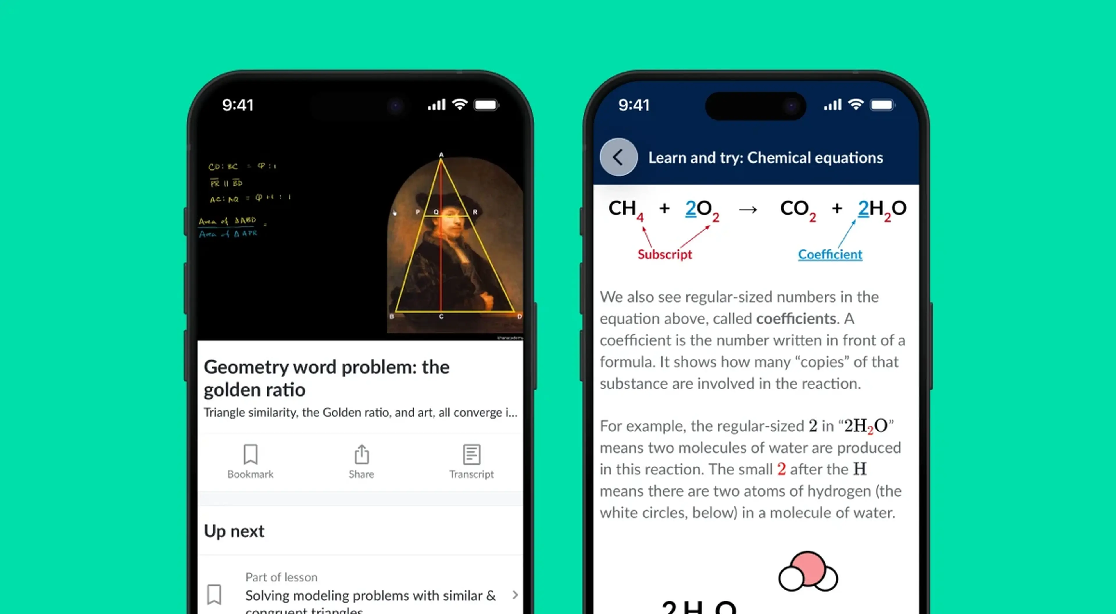 Two iPhone screens showing Khan Academy app lessons on golden ratio geometry word problem and chemical equations with subscripts and coefficients