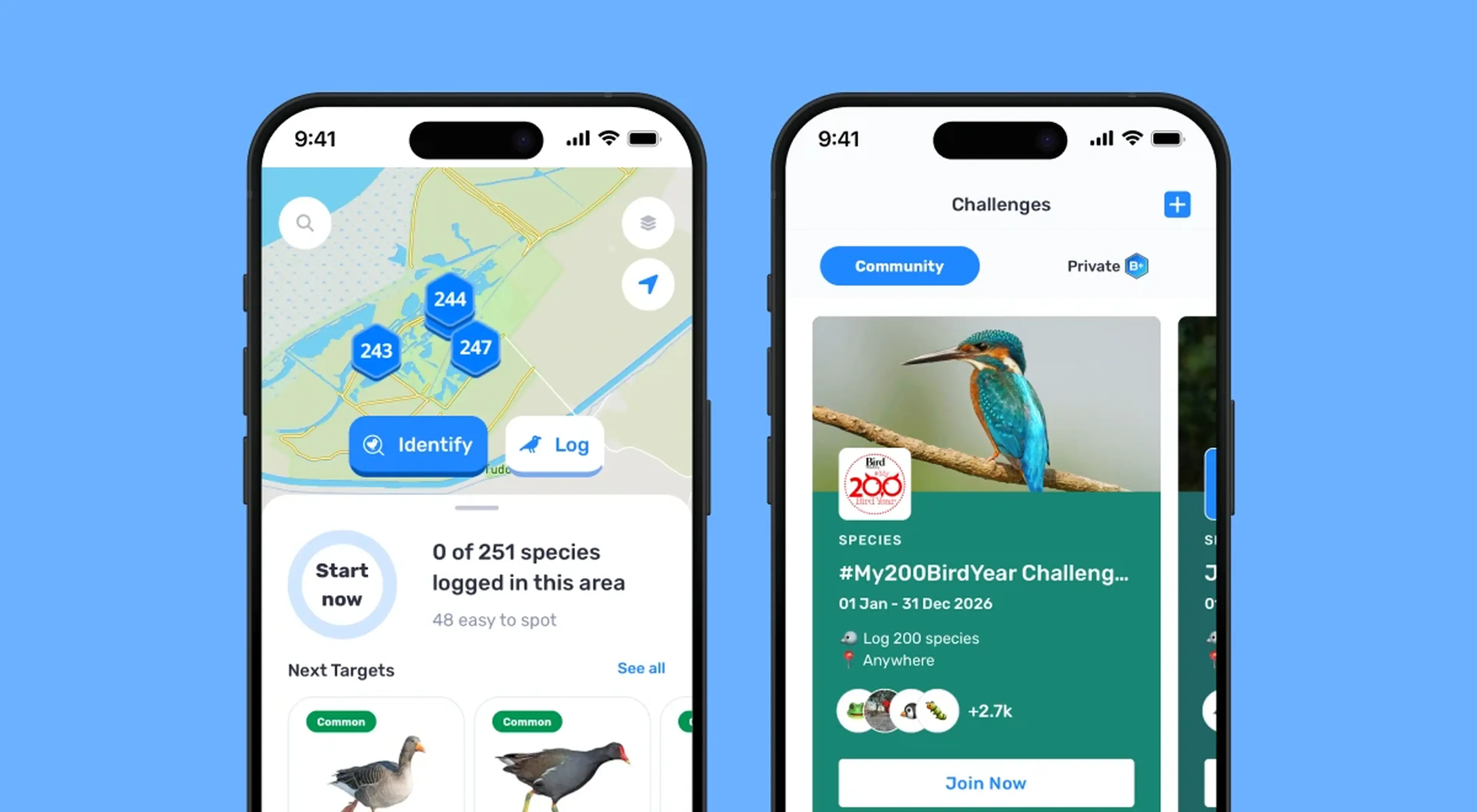 Two smartphones showing the Birda app interface with a bird species map and the #My200BirdYear Challenge screen featuring a kingfisher photo on a light blue background