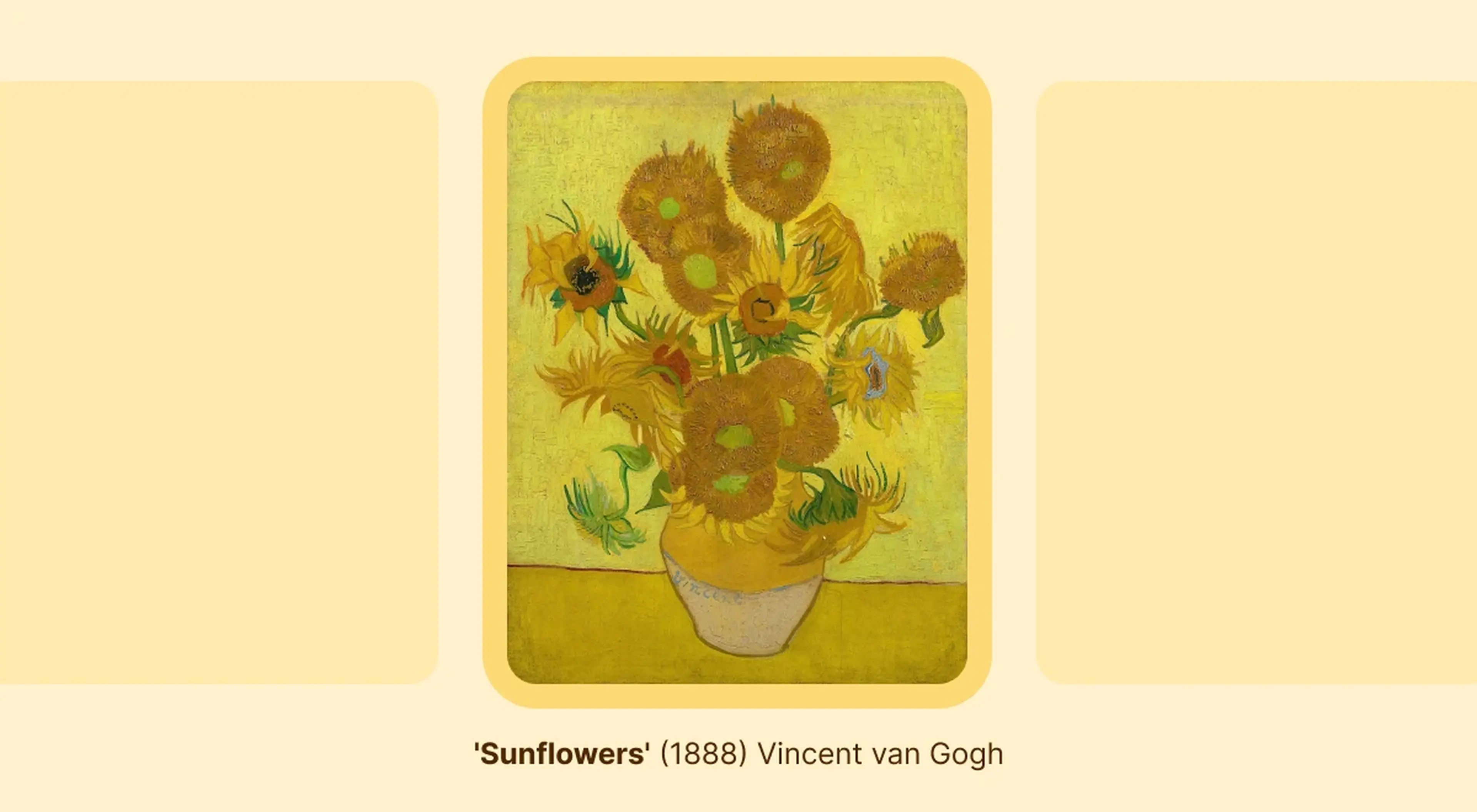 Vincent van Gogh's Sunflowers painting from 1888 showing a bouquet of yellow sunflowers in a vase on a pale yellow background