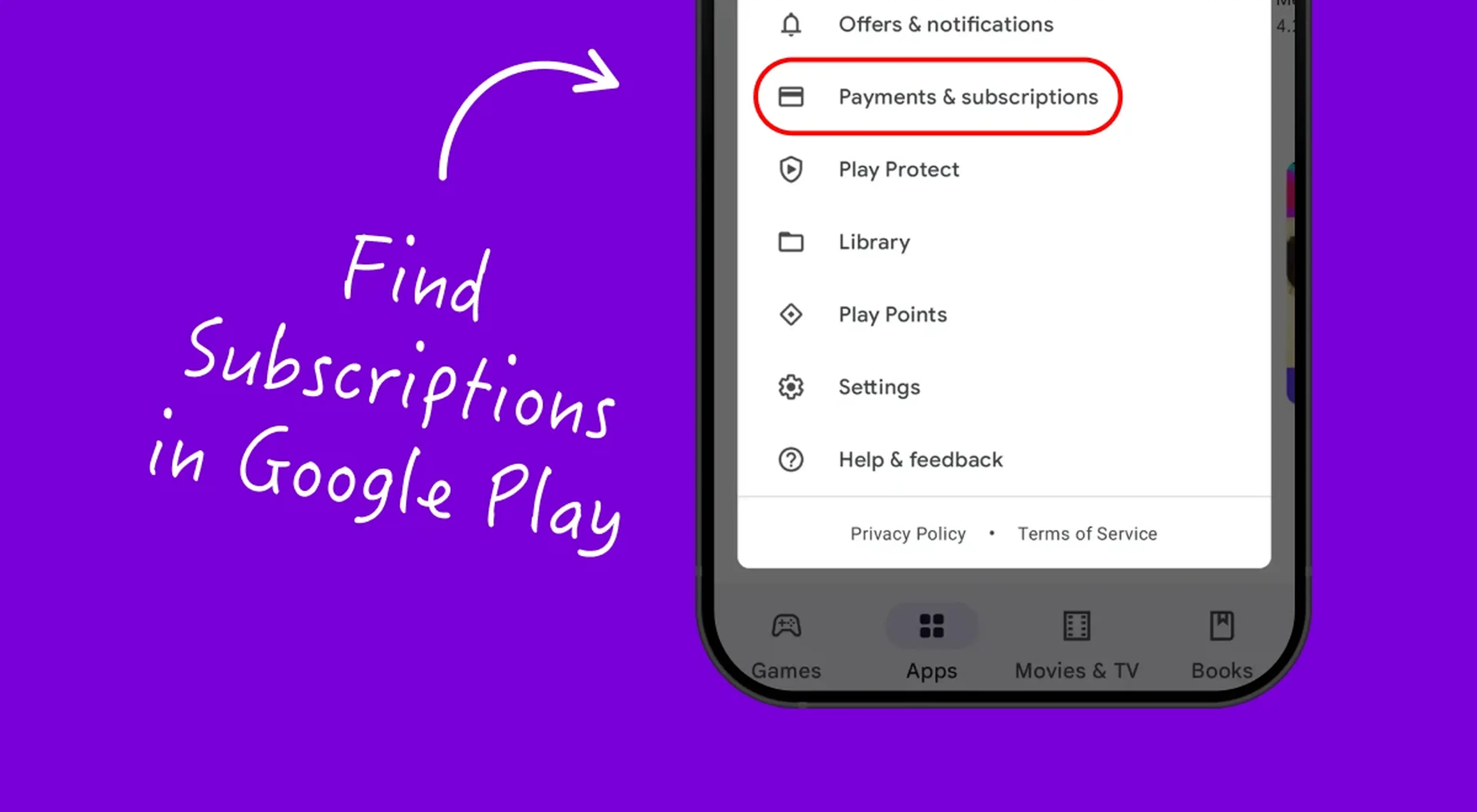 Step-by-step illustration on purple background showing how to find subscriptions in Google Play via the Payments & subscriptions menu option