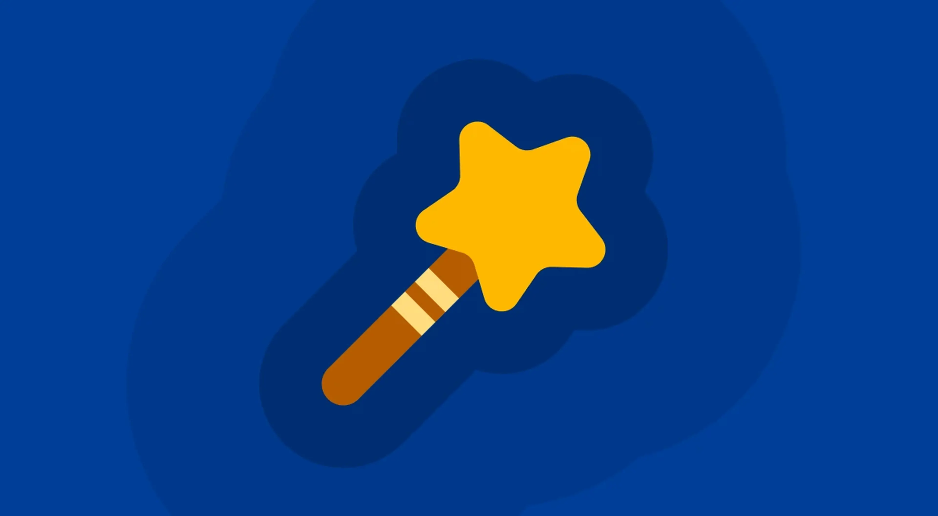 Illustrated magic wand with a yellow star tip and brown handle on a dark blue background with subtle cloud-shaped shadow, representing a Harry Potter trivia quiz