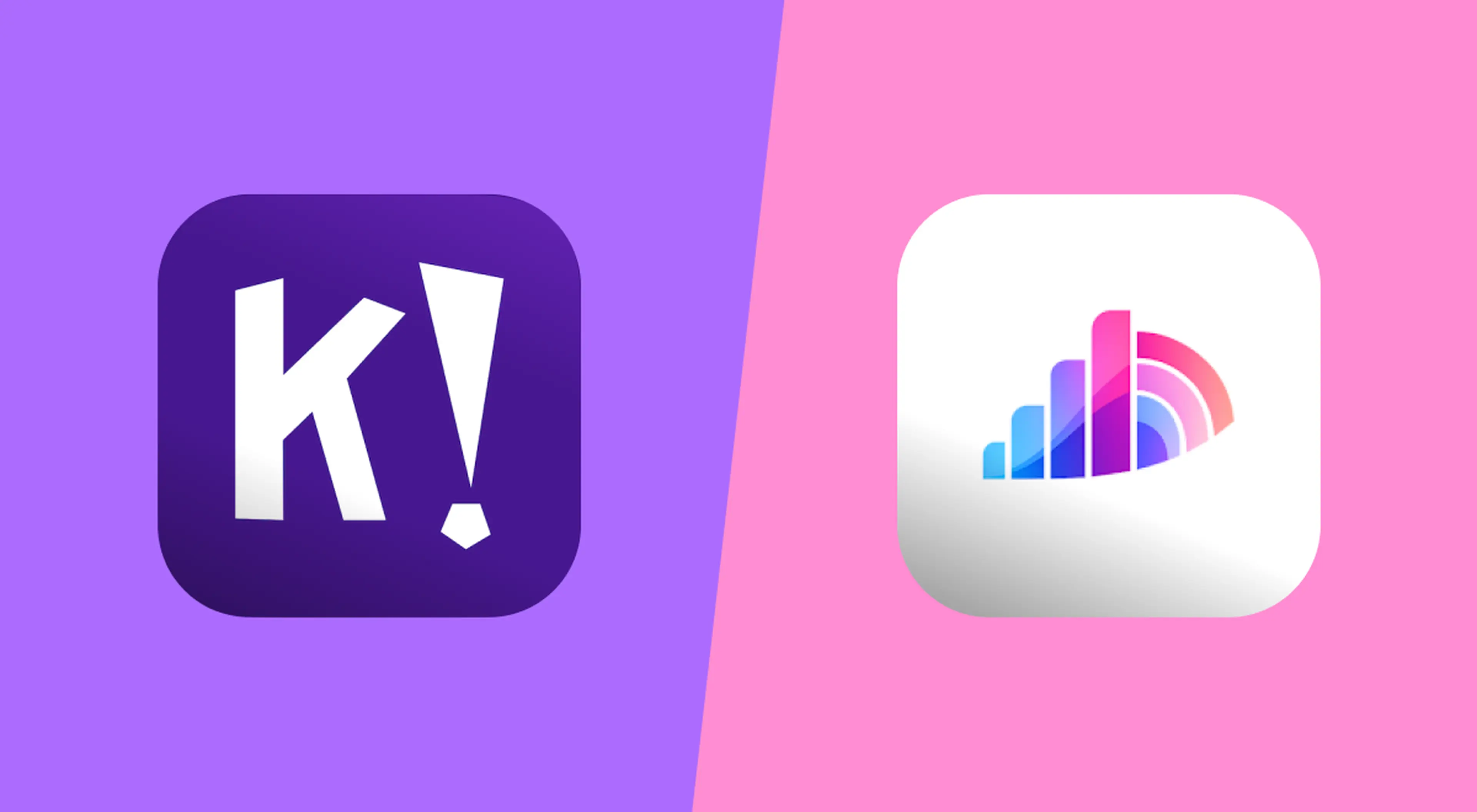 Kahoot vs Mentimeter app icons side by side on split purple and pink backgrounds, comparing the two interactive quiz and audience engagement platforms