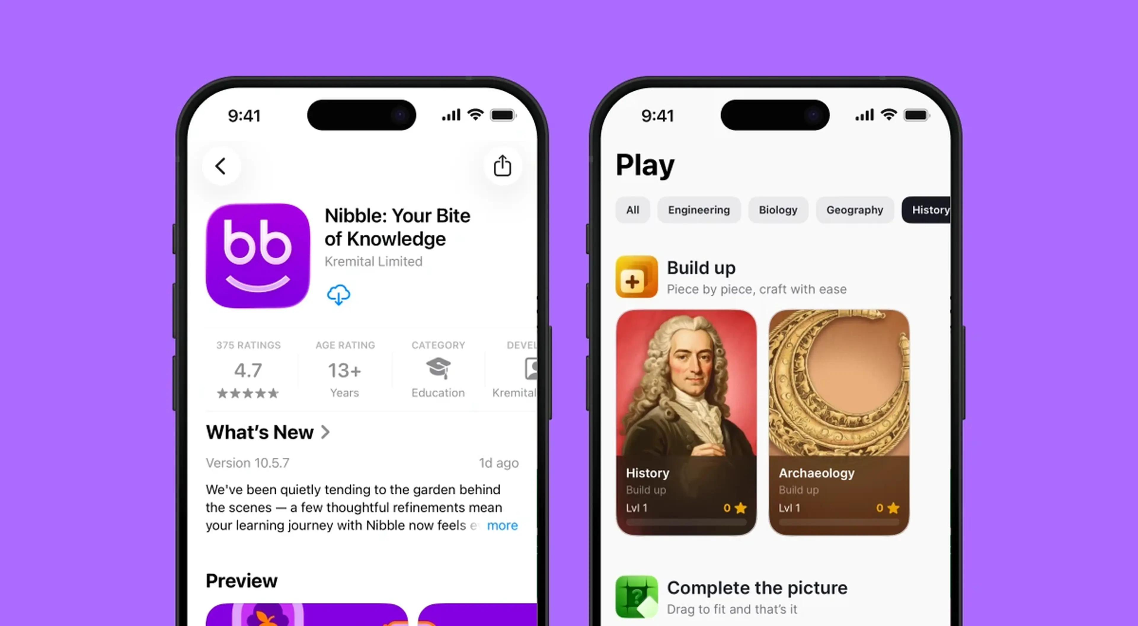 Two Nibble app screenshots on iPhones showing the App Store page with 4,7 rating and Education category, and Play screen with History and Archaeology Build Up quiz cards on light gray background