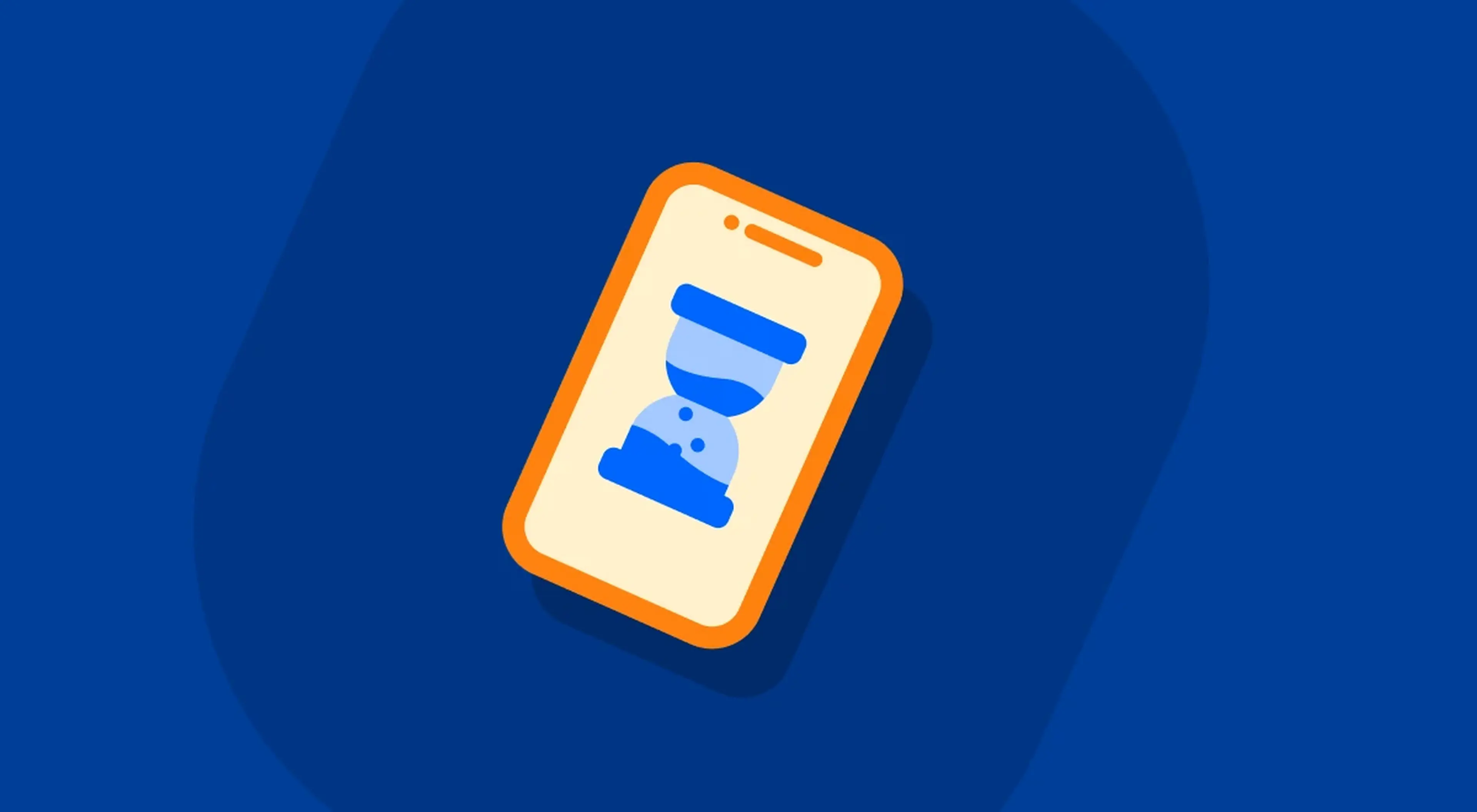 Illustrated orange smartphone with a blue hourglass icon on screen, set against a dark blue background, representing screen time management on mobile devices