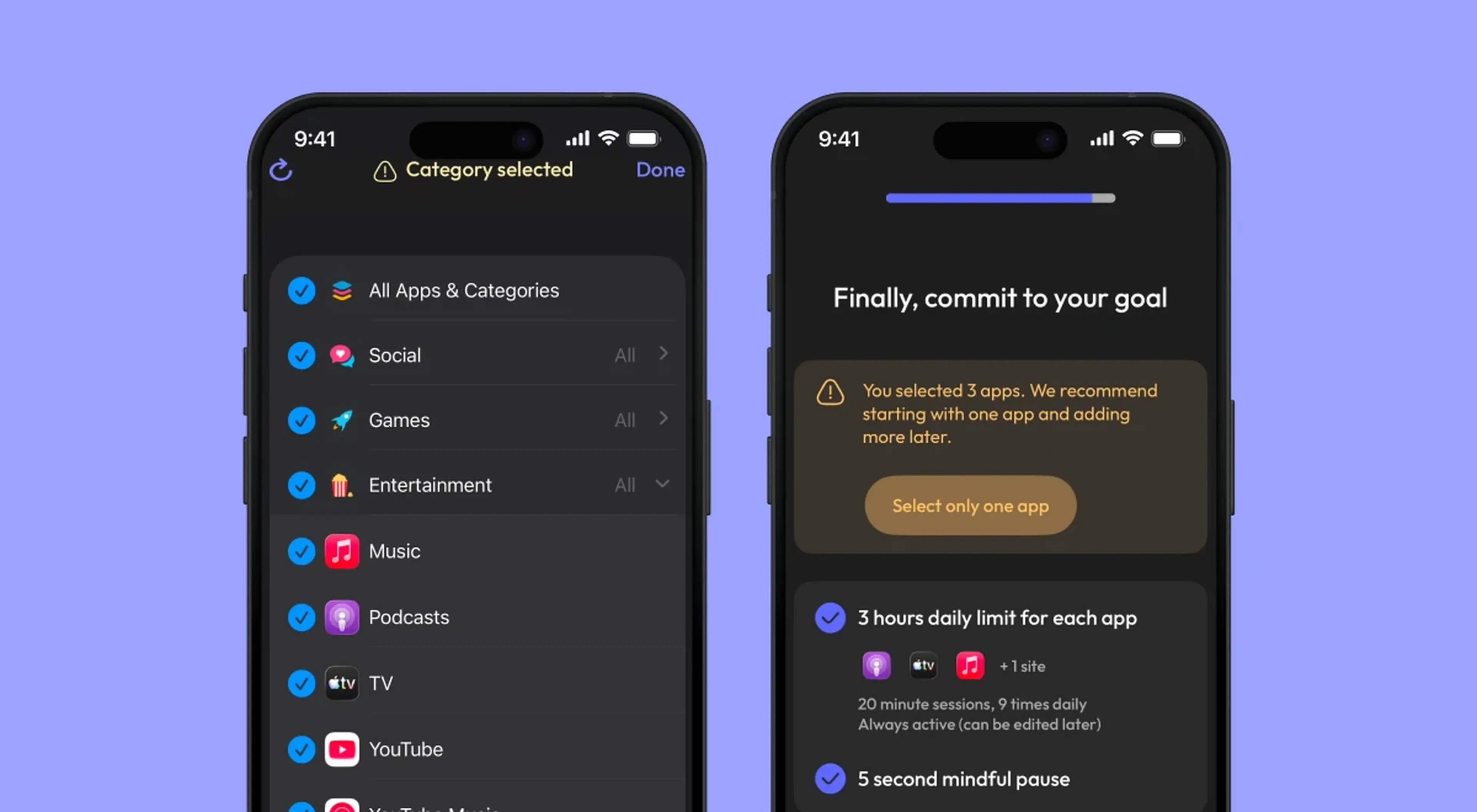 Two ScreenZen app screenshots on iPhones displaying category selection screen with All Apps, Social, Games, Music, Podcasts, TV and goal commitment screen with daily limit summary
