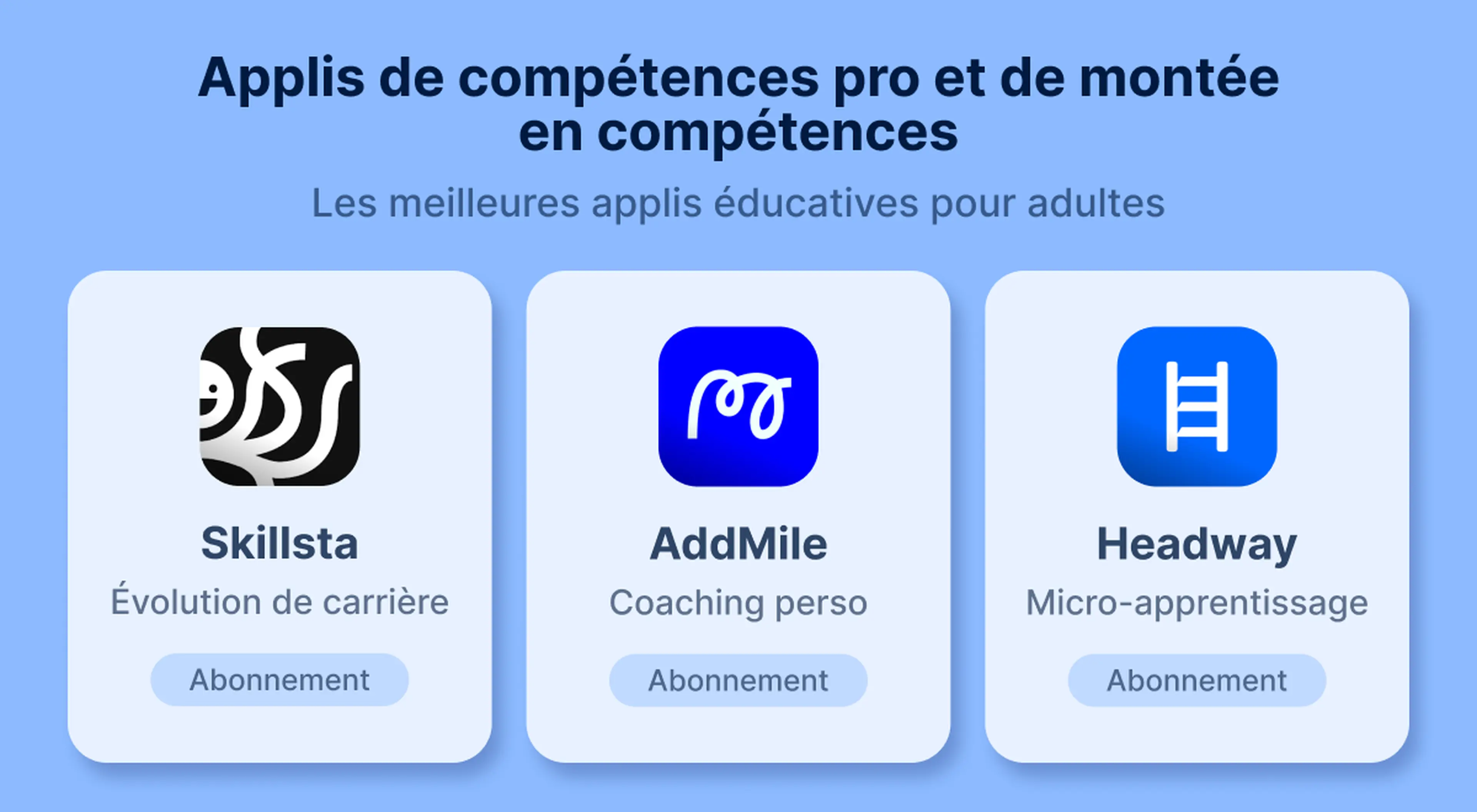 Applis éducatives pour adultes de compétences pro et montée en compétences avec Skillsta, AddMile et Headway sur fond bleu, chacune proposant un abonnement