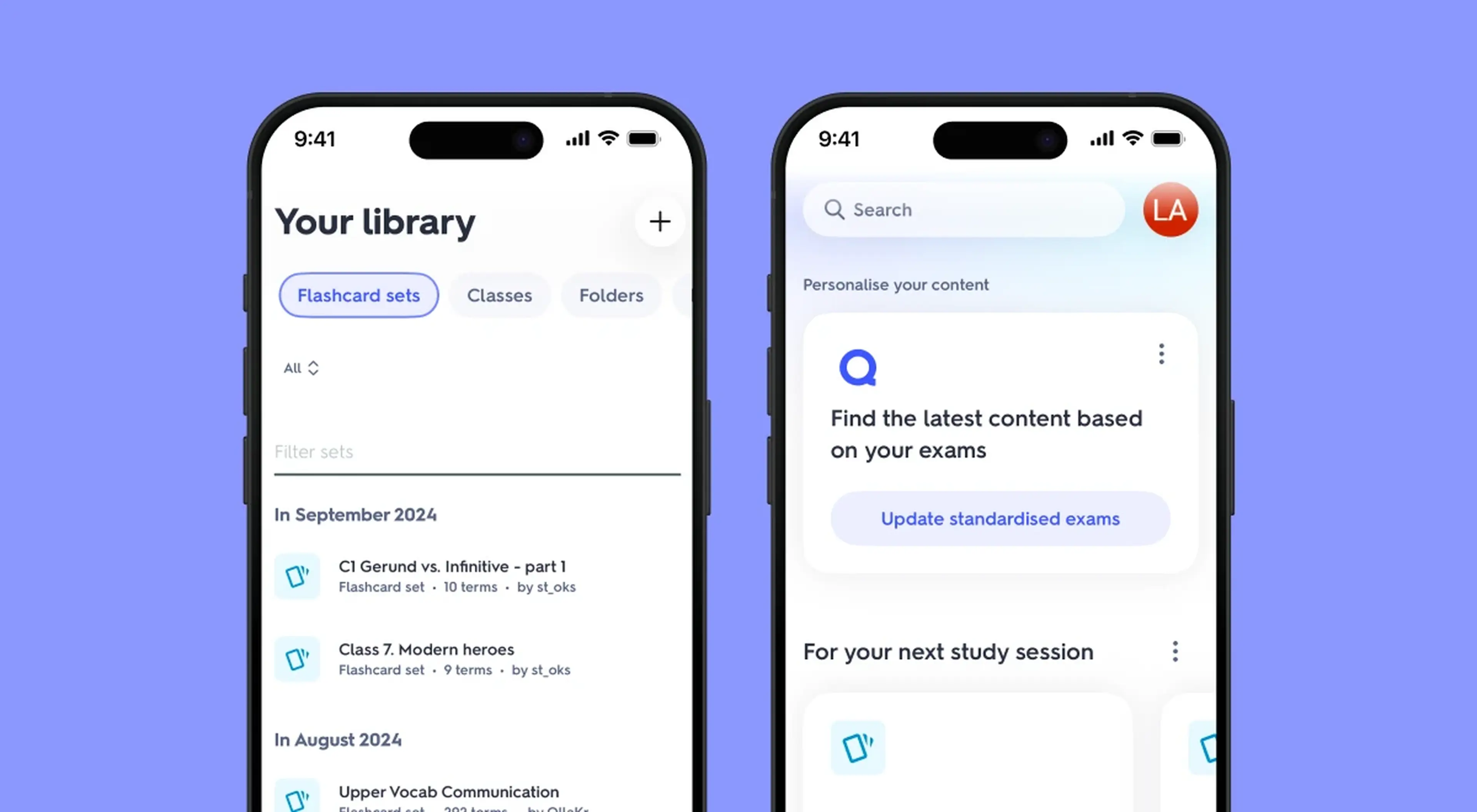 Two iPhone screens showing Quizlet app interface with a personal flashcard set library and personalized exam content discovery screen