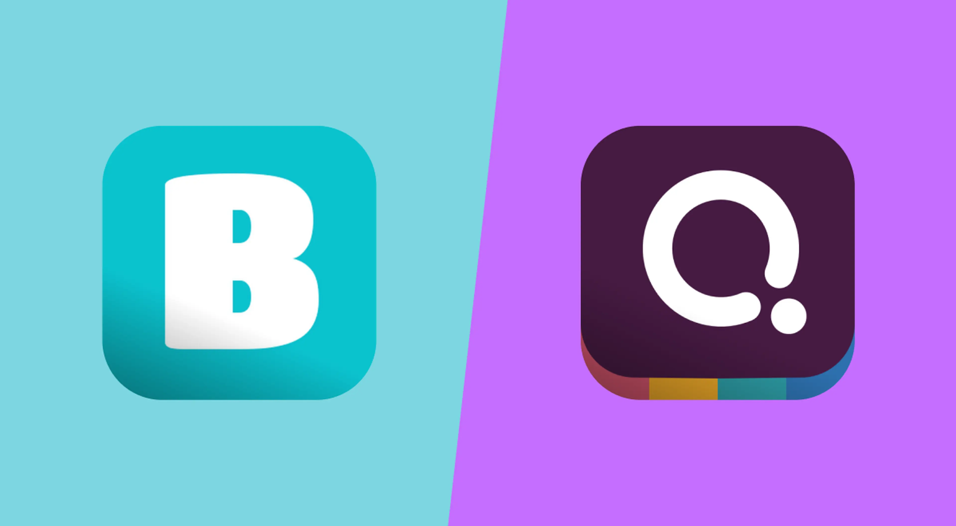 Blooket vs Quizizz comparison showing the teal Blooket app icon on the left and the dark purple Quizizz app icon on the right against a split turquoise and purple background