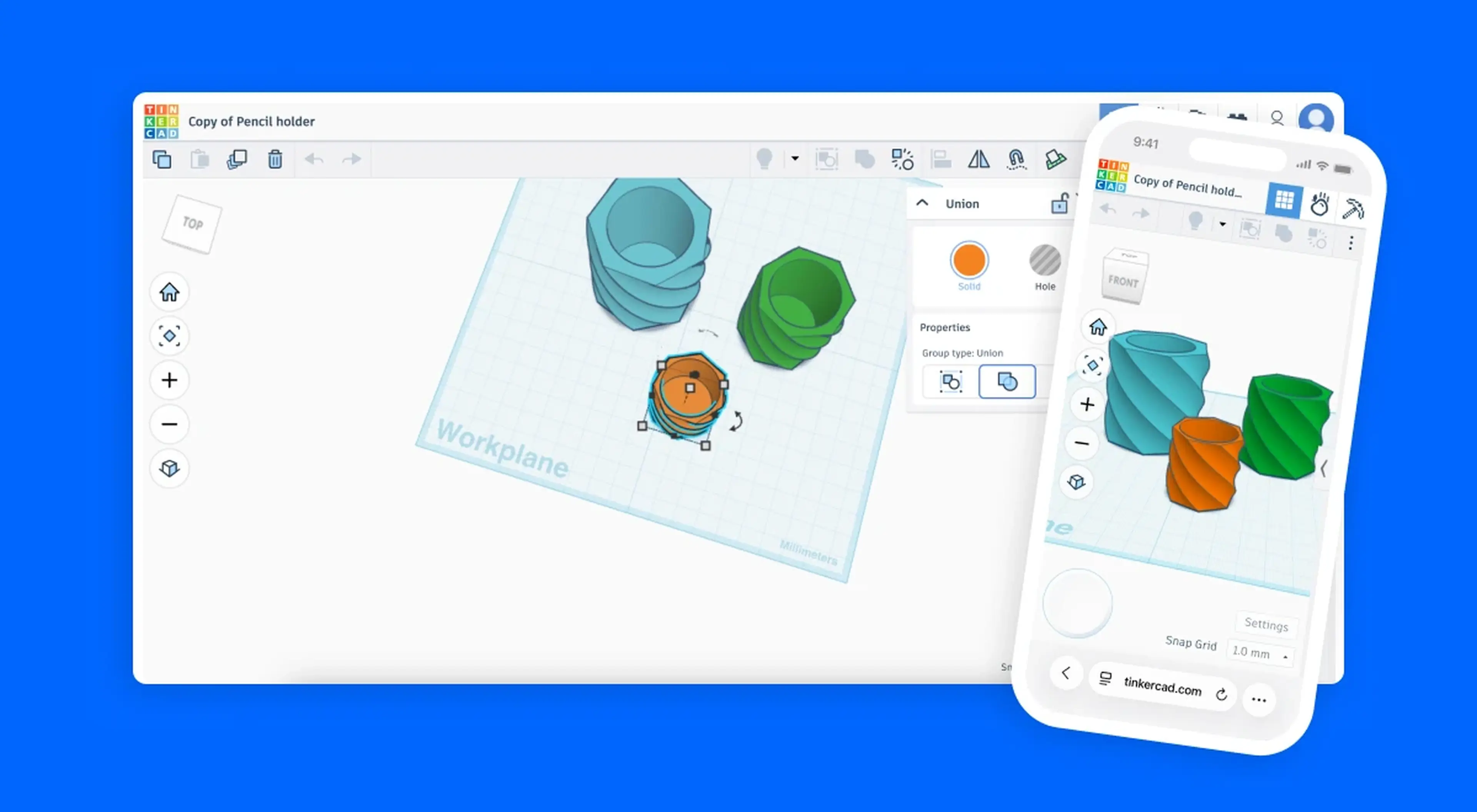 Tinkercad design editor on desktop and mobile displaying colorful 3D shapes including green and teal cylinders and orange sphere