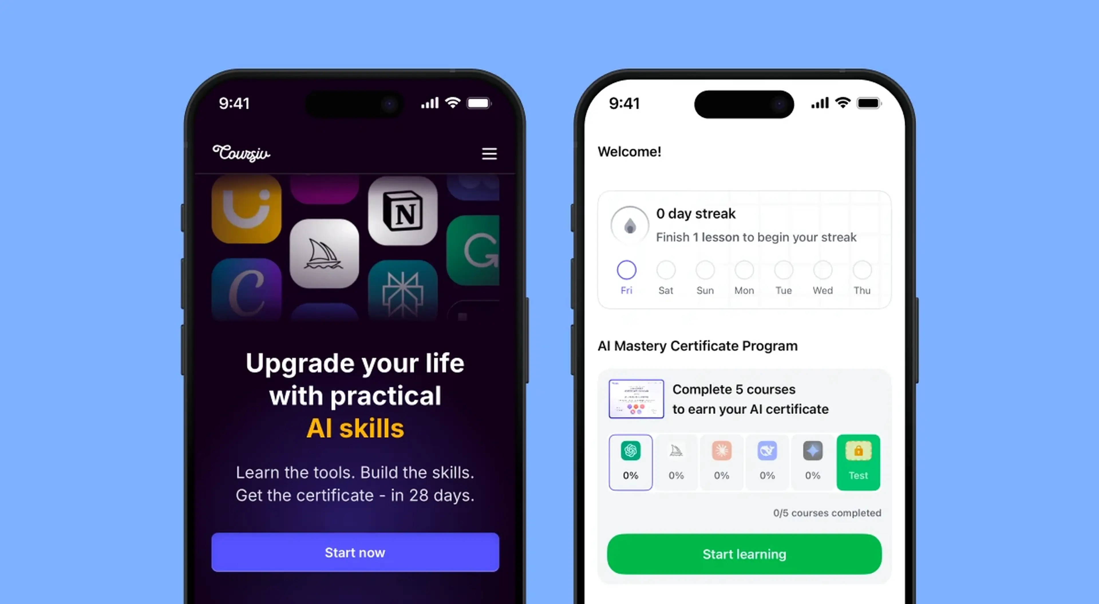 Two iPhone screens showing Coursiv app home screen with AI skills course promotion and onboarding with a day streak tracker and AI Mastery Certificate Program on a light blue background