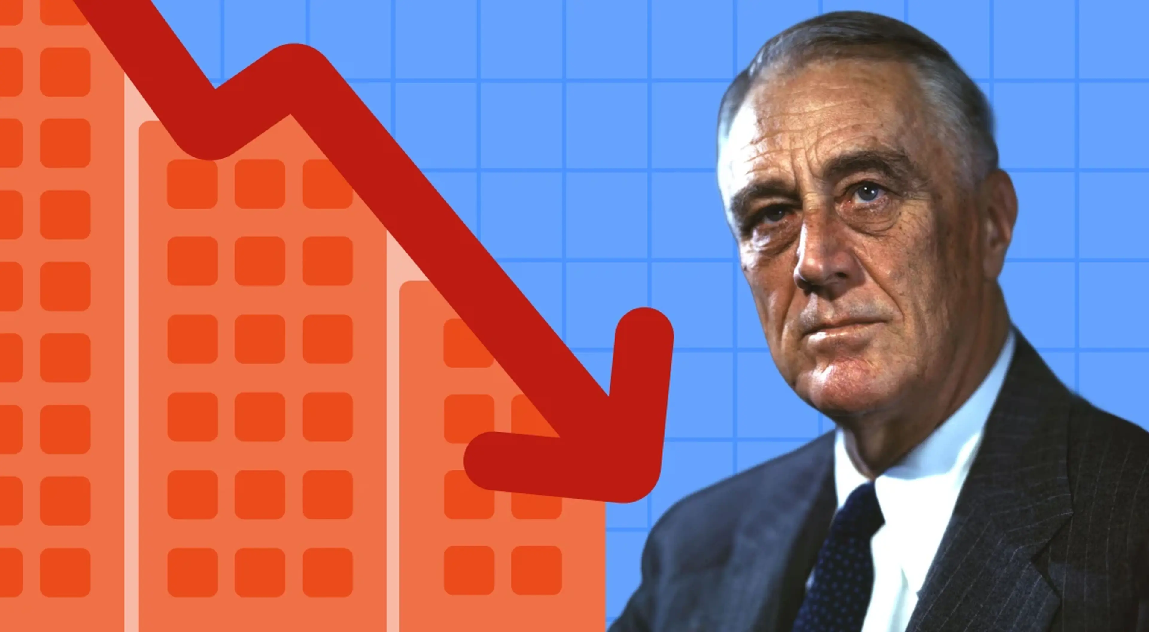 Black and white photo of Franklin DRoosevelt beside an illustrated red declining bar chart on an orange background, symbolizing the Great Depression era in US history trivia