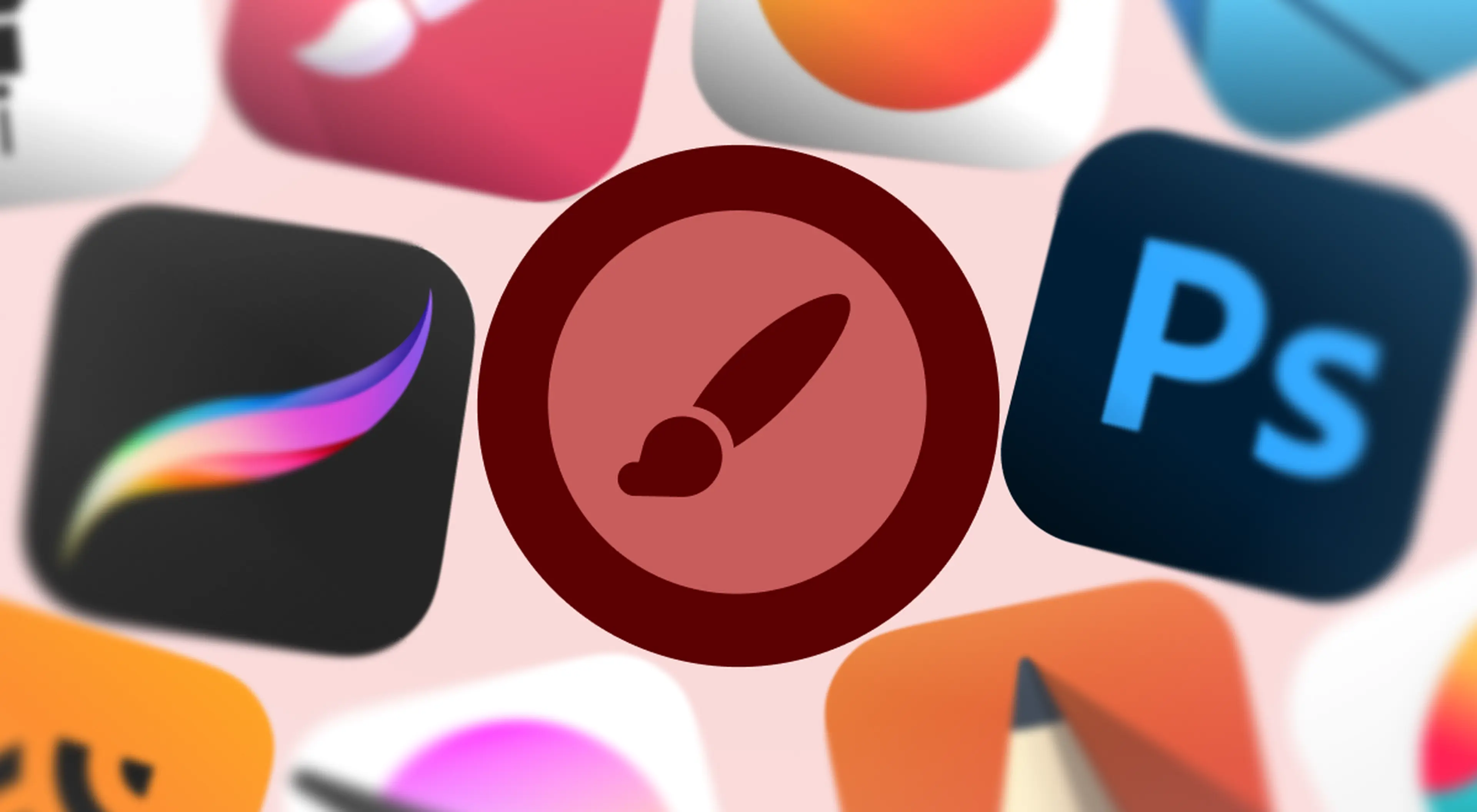 Dark red paintbrush icon at center surrounded by blurred drawing app icons including Procreate and Adobe Photoshop, showcasing the best drawing apps on a soft pink background