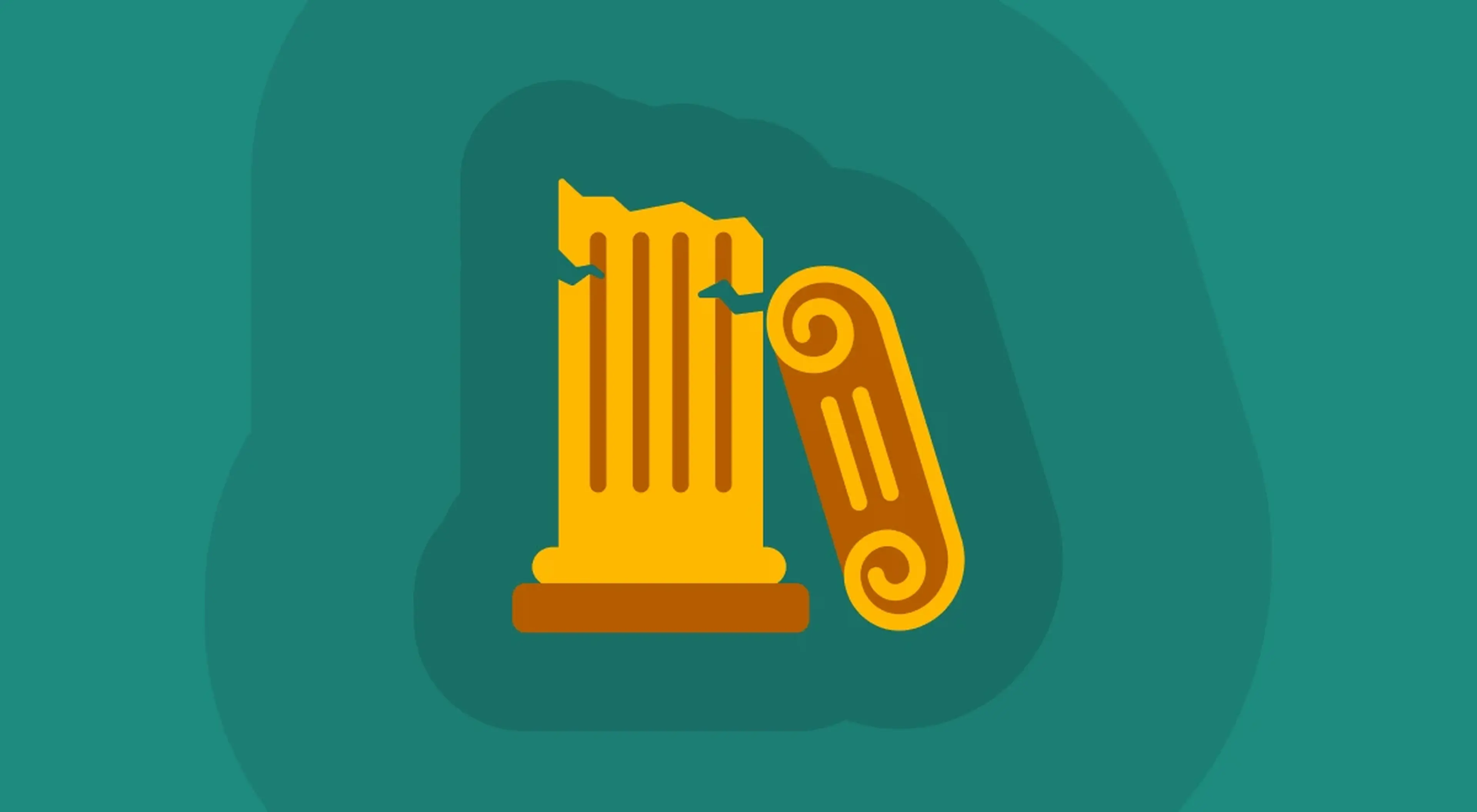 Illustrated golden Greek or Roman column capital with scroll details on a teal background, representing ancient archaeological sites and classical architecture