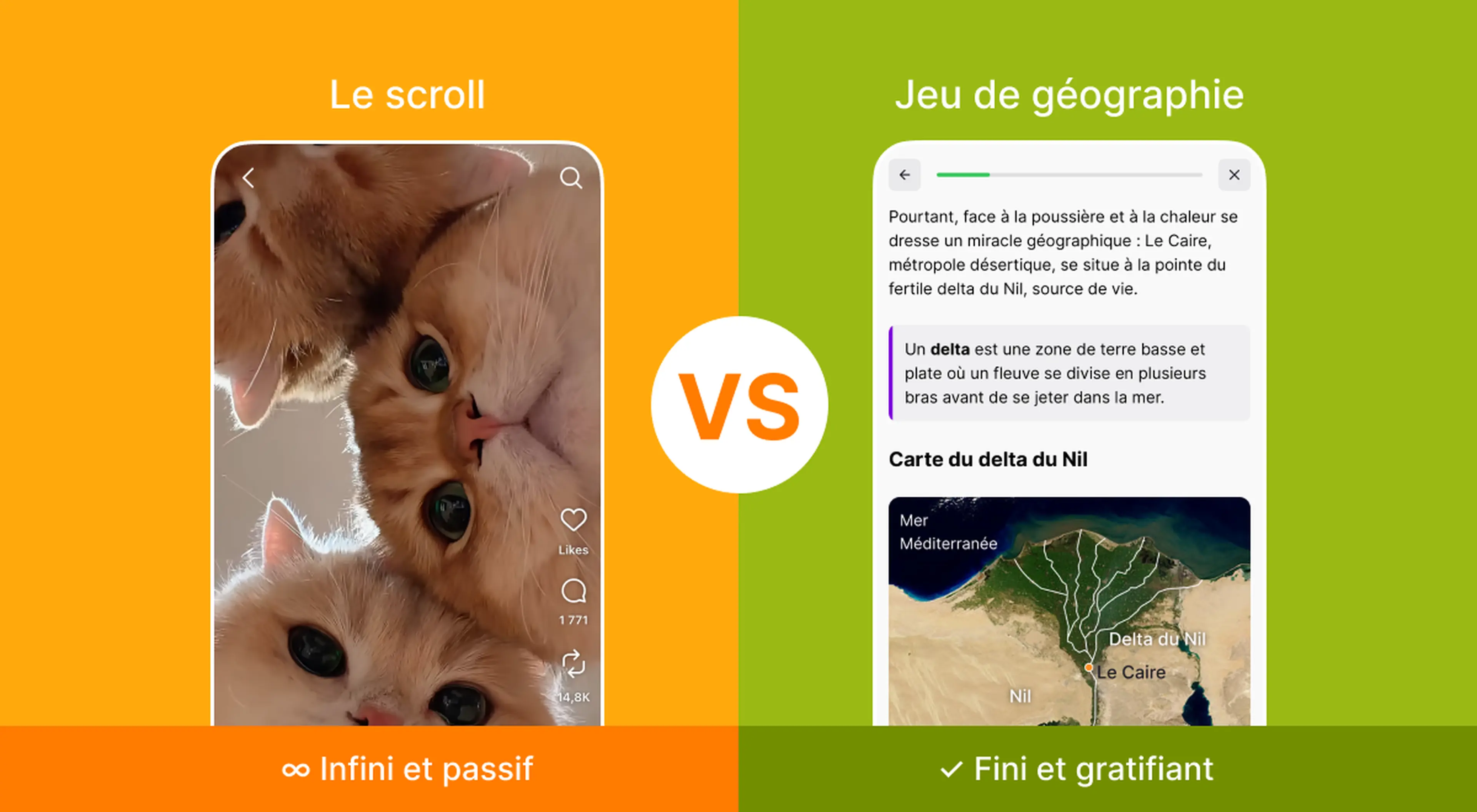 Comparaison entre le scroll passif de vidéos de chatons et un jeu de géographie éducatif sur le delta du Nil, illustrant comment remplacer le scrolling par un jeu addictif et gratifiant