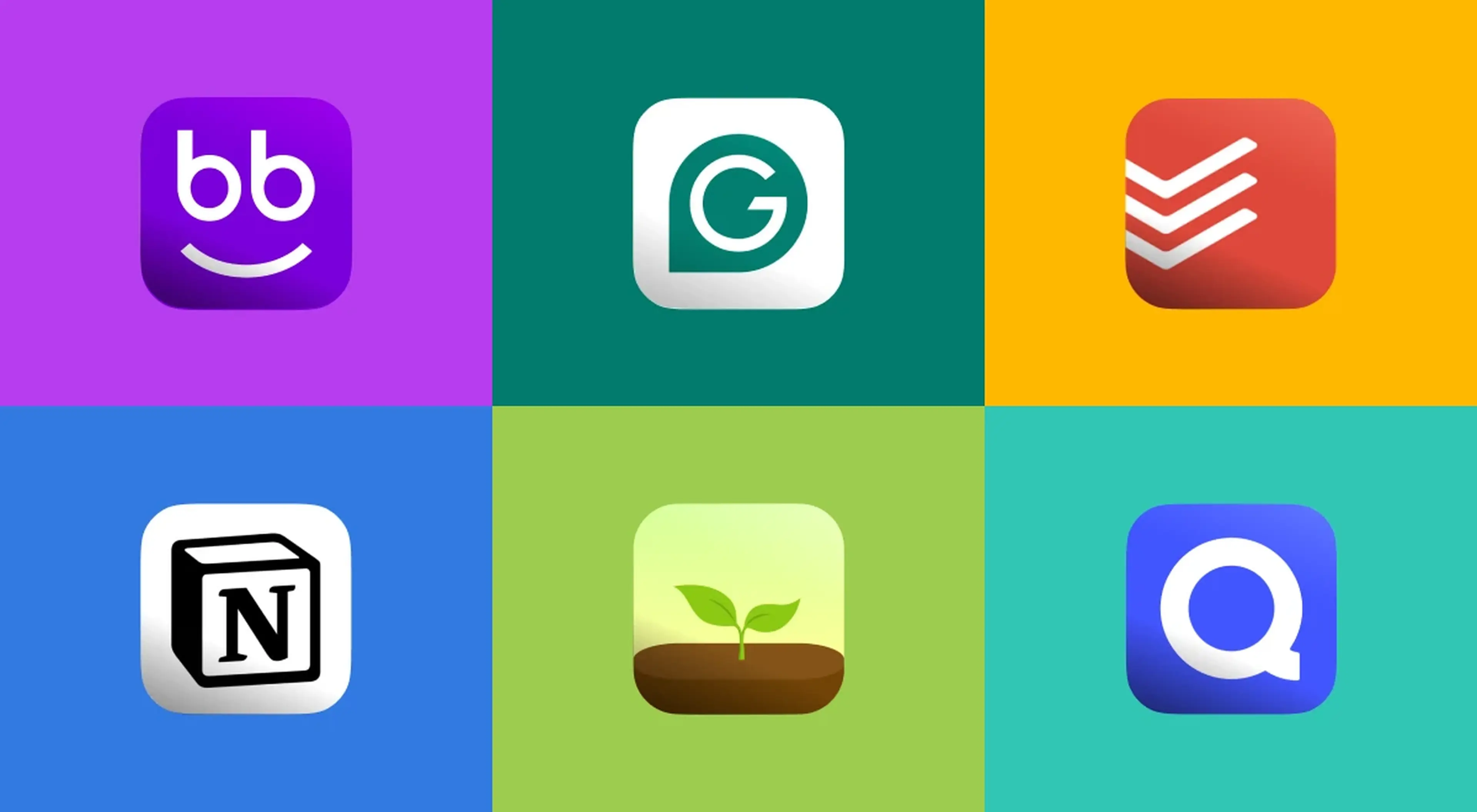 Grid of six study app icons for college including Nibble, Grammarly, Todoist, Notion, Savings 3, and Quip on colorful backgrounds