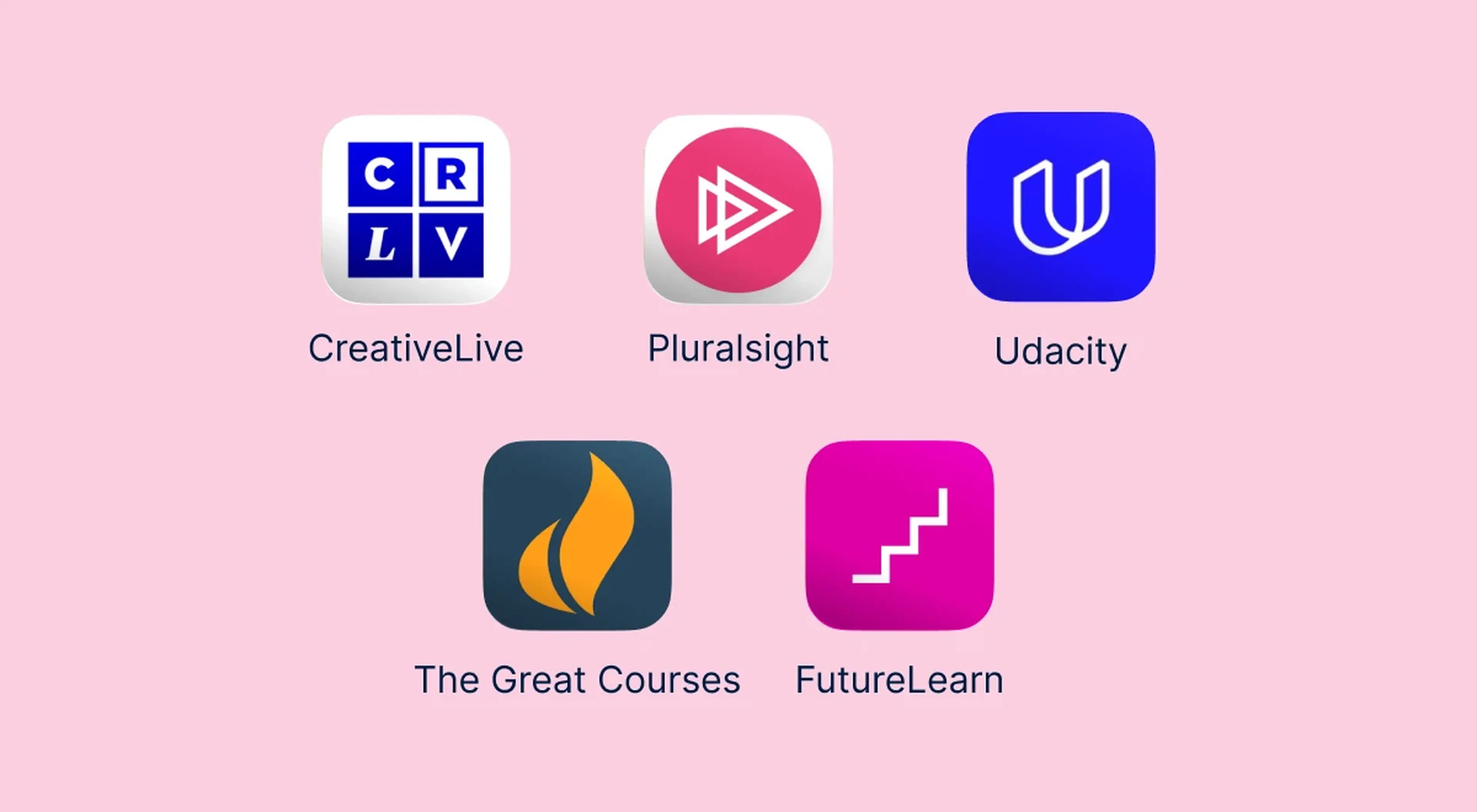 Five online learning app icons with labels including CreativeLive, Pluralsight, Udacity, The Great Courses, and FutureLearn as MasterClass alternatives on a pink background