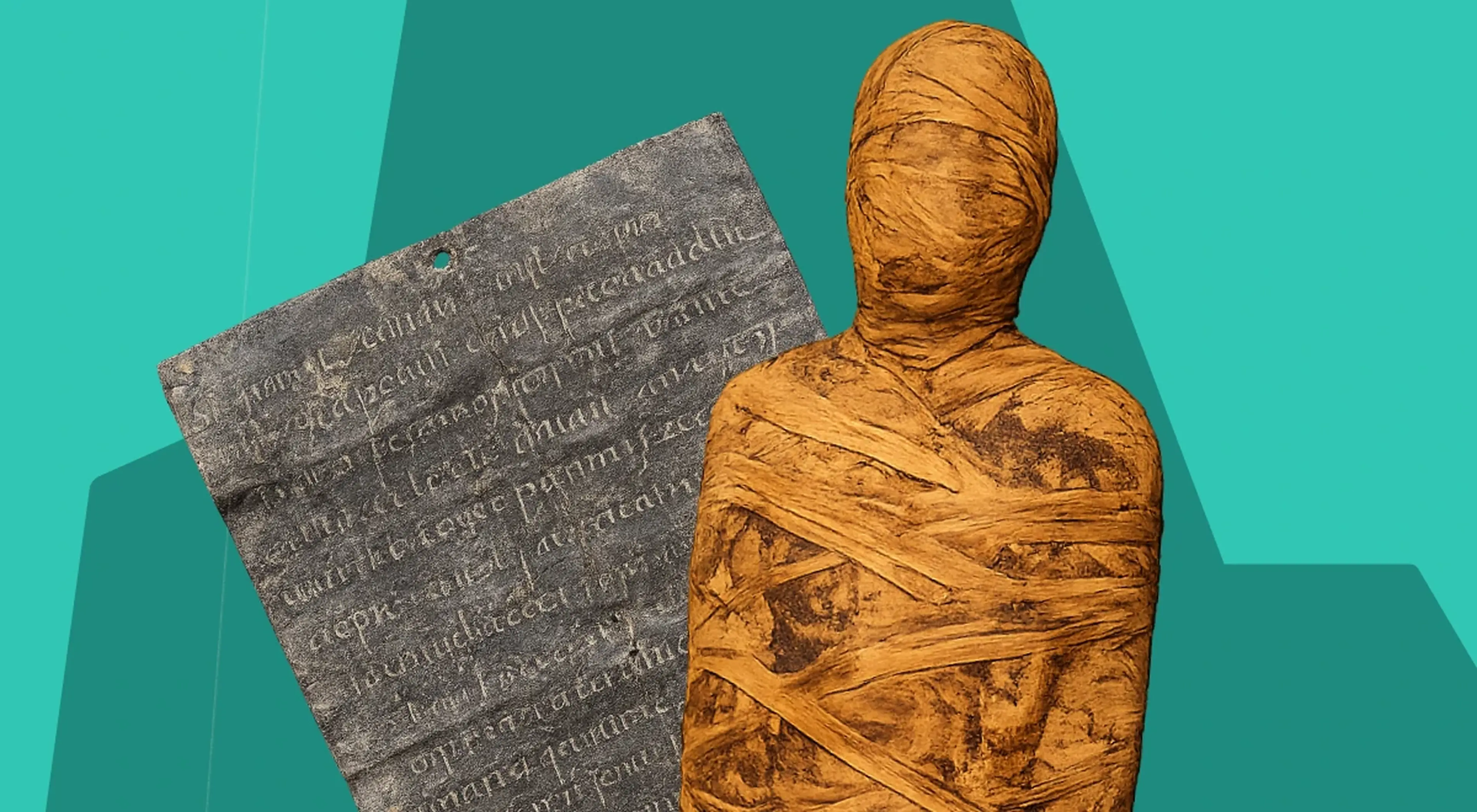 Ancient Egyptian mummy wrapped in brown linen bandages next to an old stone tablet with inscribed text, displayed on a teal illustrated background