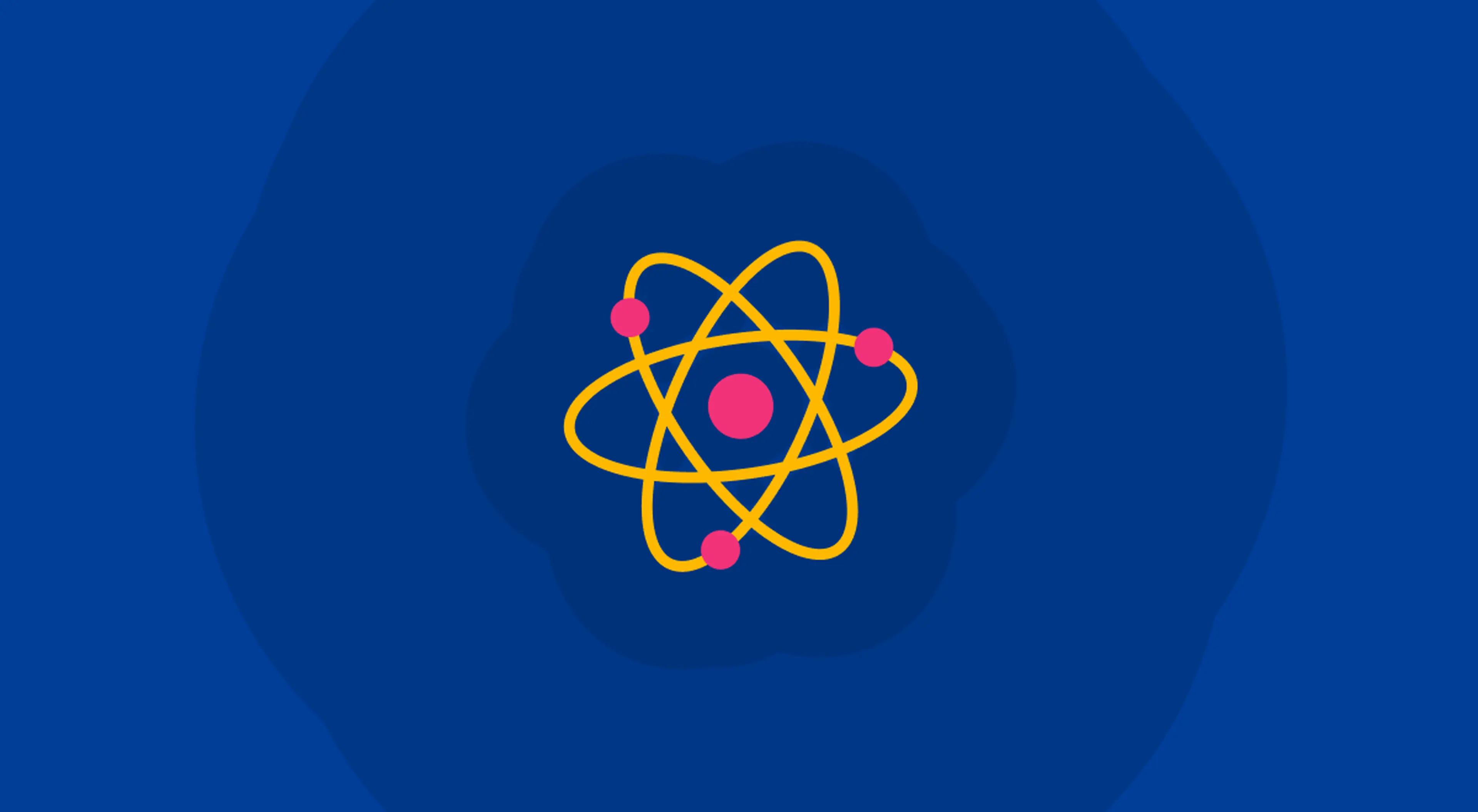 Yellow atom illustration with pink nucleus and orbiting electrons on a blue background, symbolizing atomic science and the big bang theory