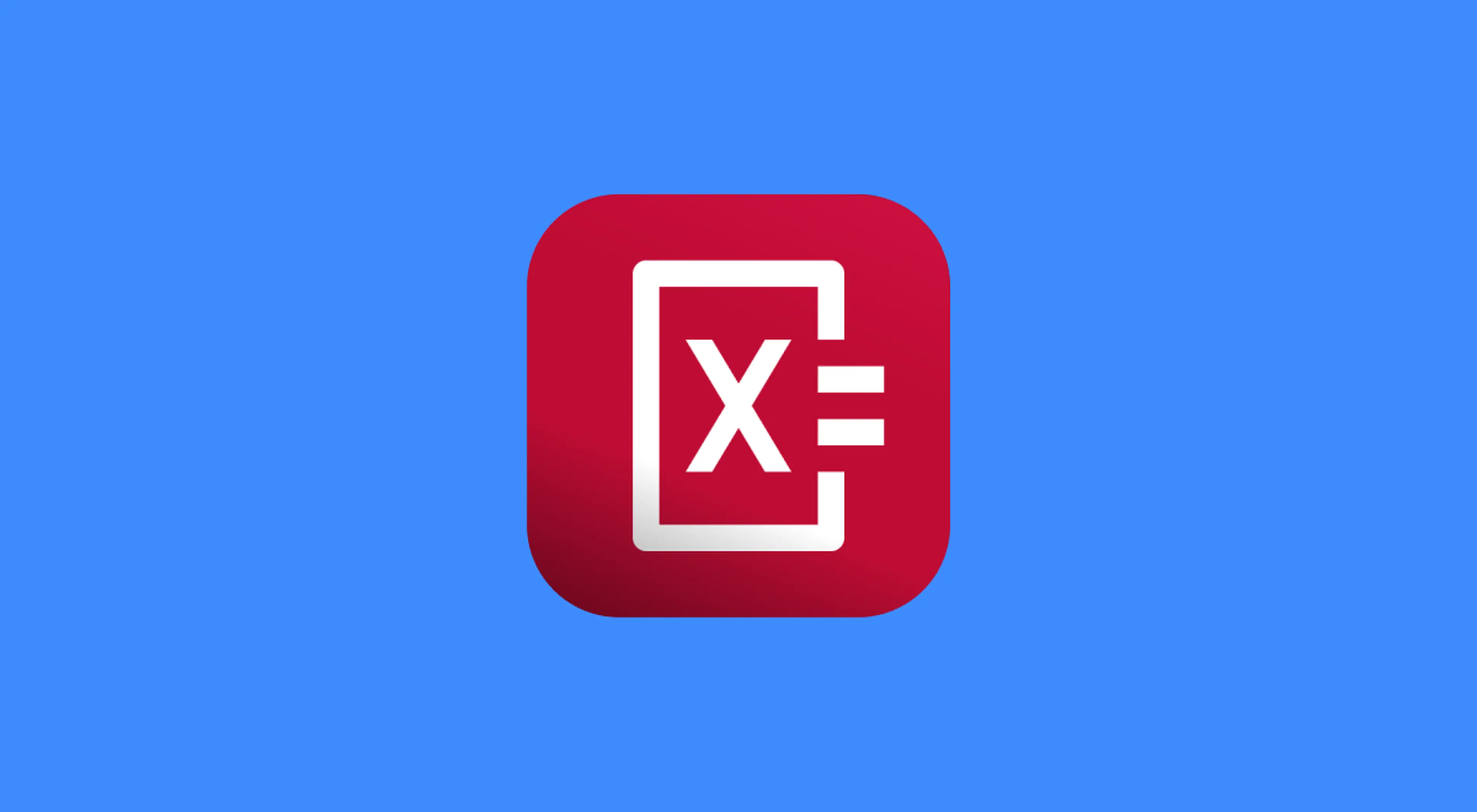 Photomath app icon with a white X equals symbol on a red rounded square, set against a bright blue background