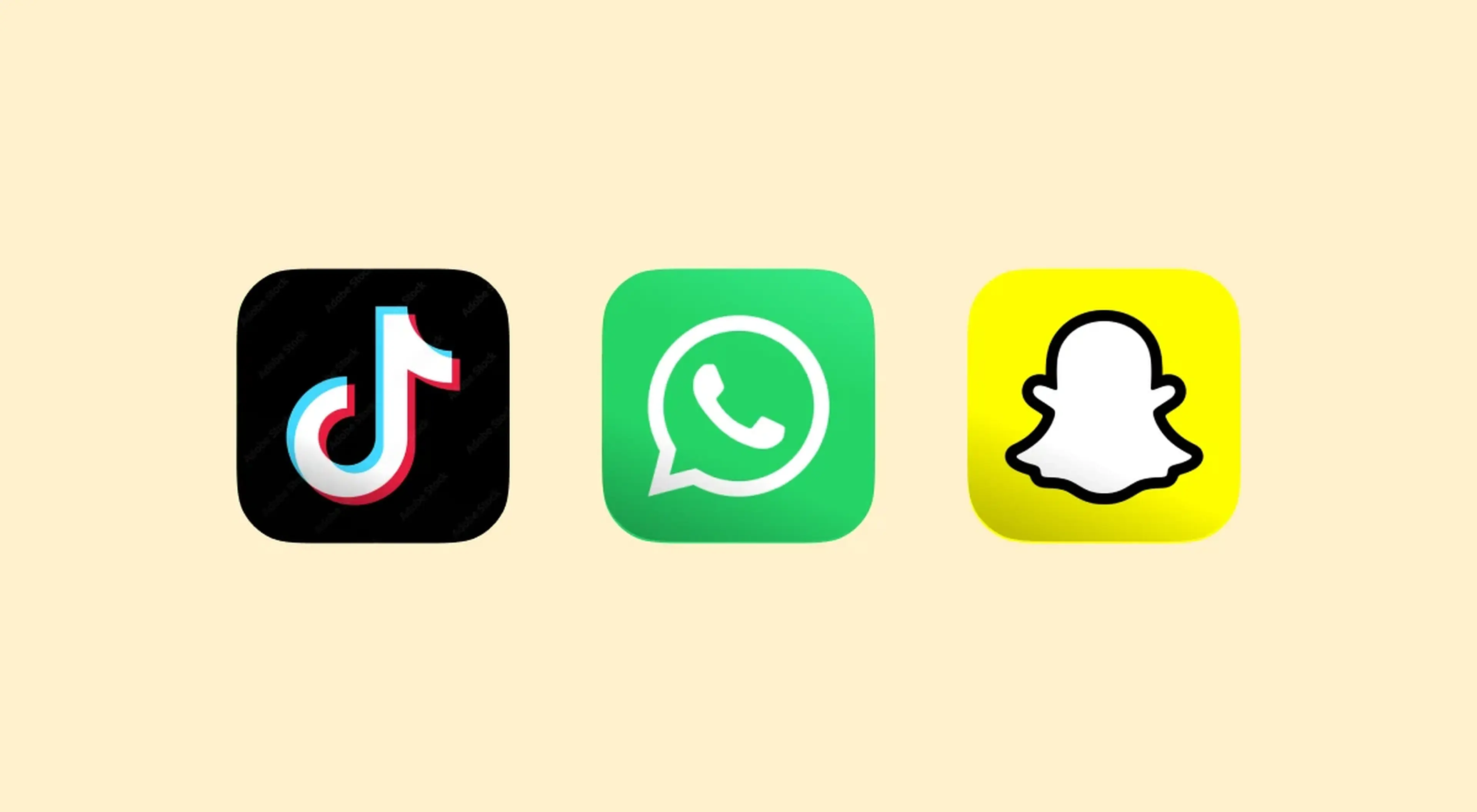 Three popular downloaded app icons displayed on a light yellow background featuring TikTok, WhatsApp, and Snapchat side by side
