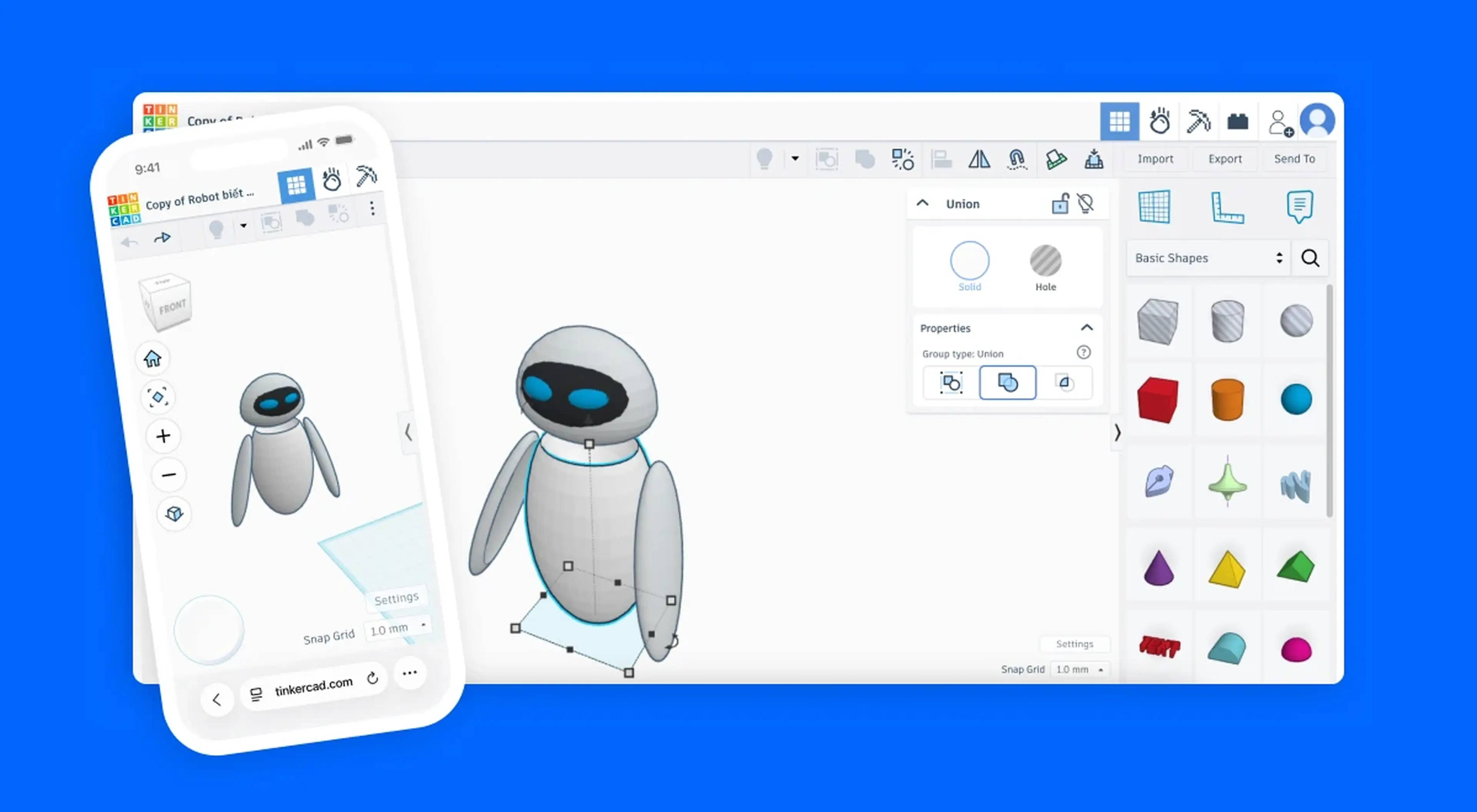 Tinkercad 3D workspace on desktop and mobile showing a white robot character design with basic shapes panel on blue background