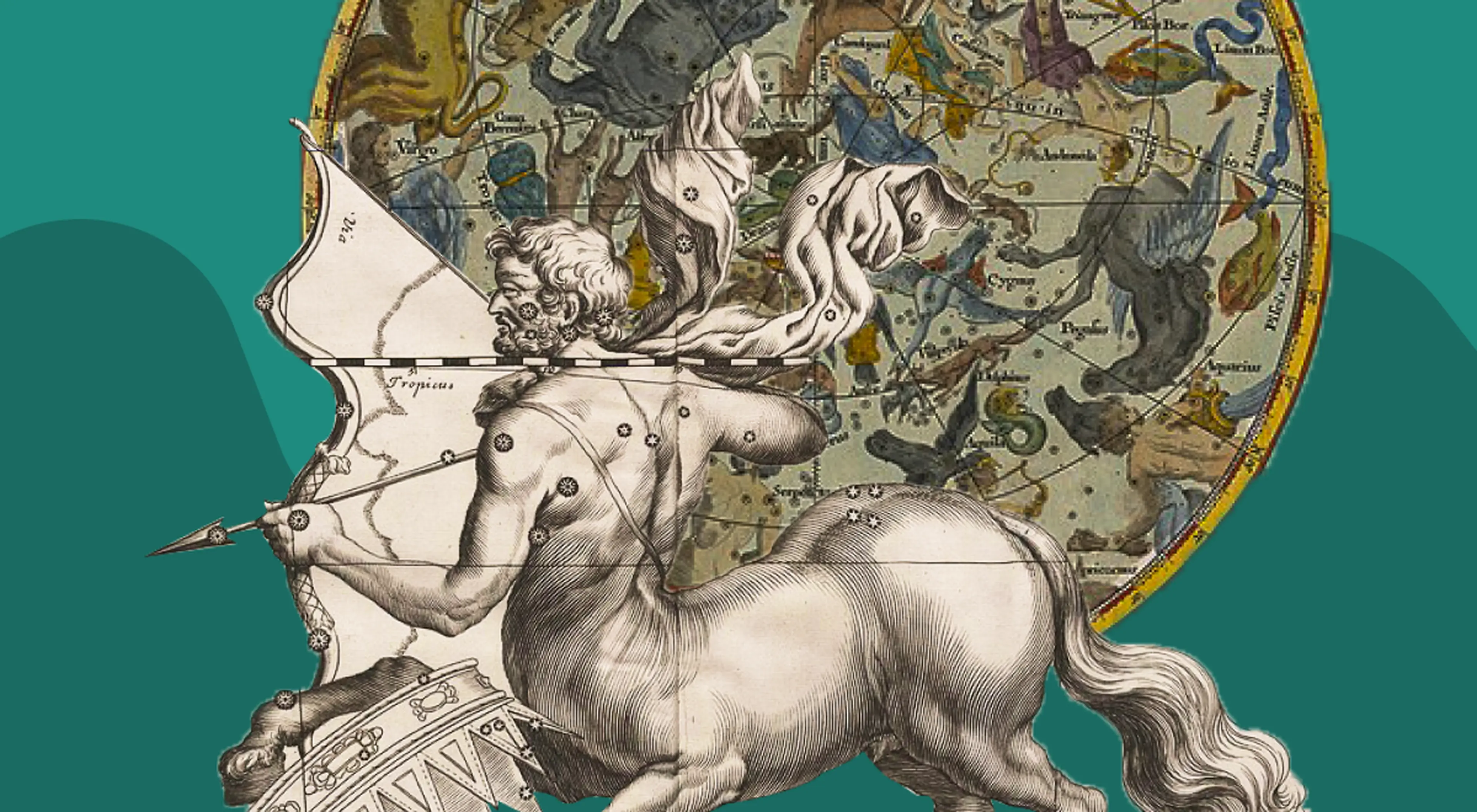 Vintage engraving of the Sagittarius archer centaur drawing a bow against a colorful antique celestial star map, illustrating facts about constellations on a teal background