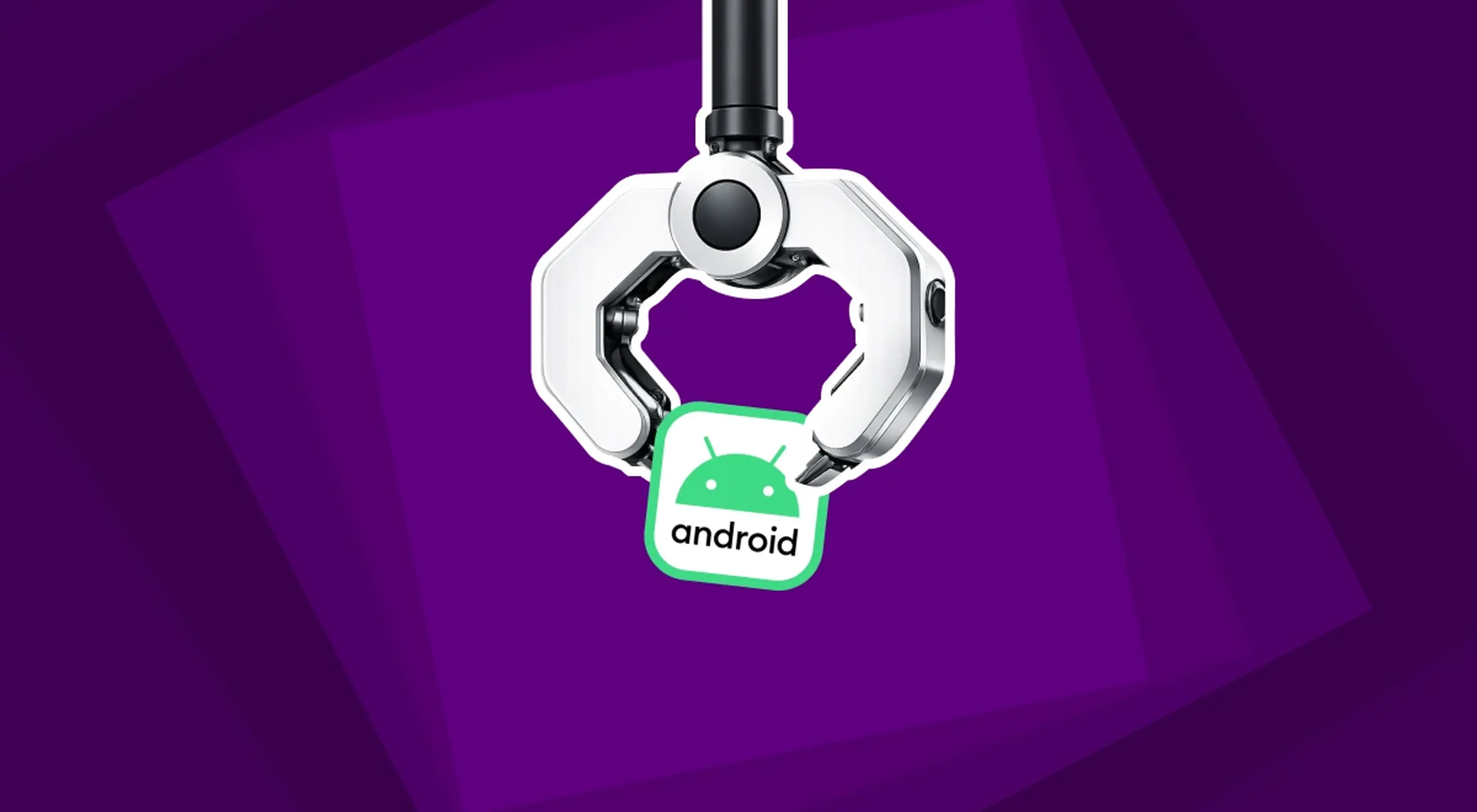 Mechanical claw holding an Android logo icon against a purple geometric background, representing top android apps