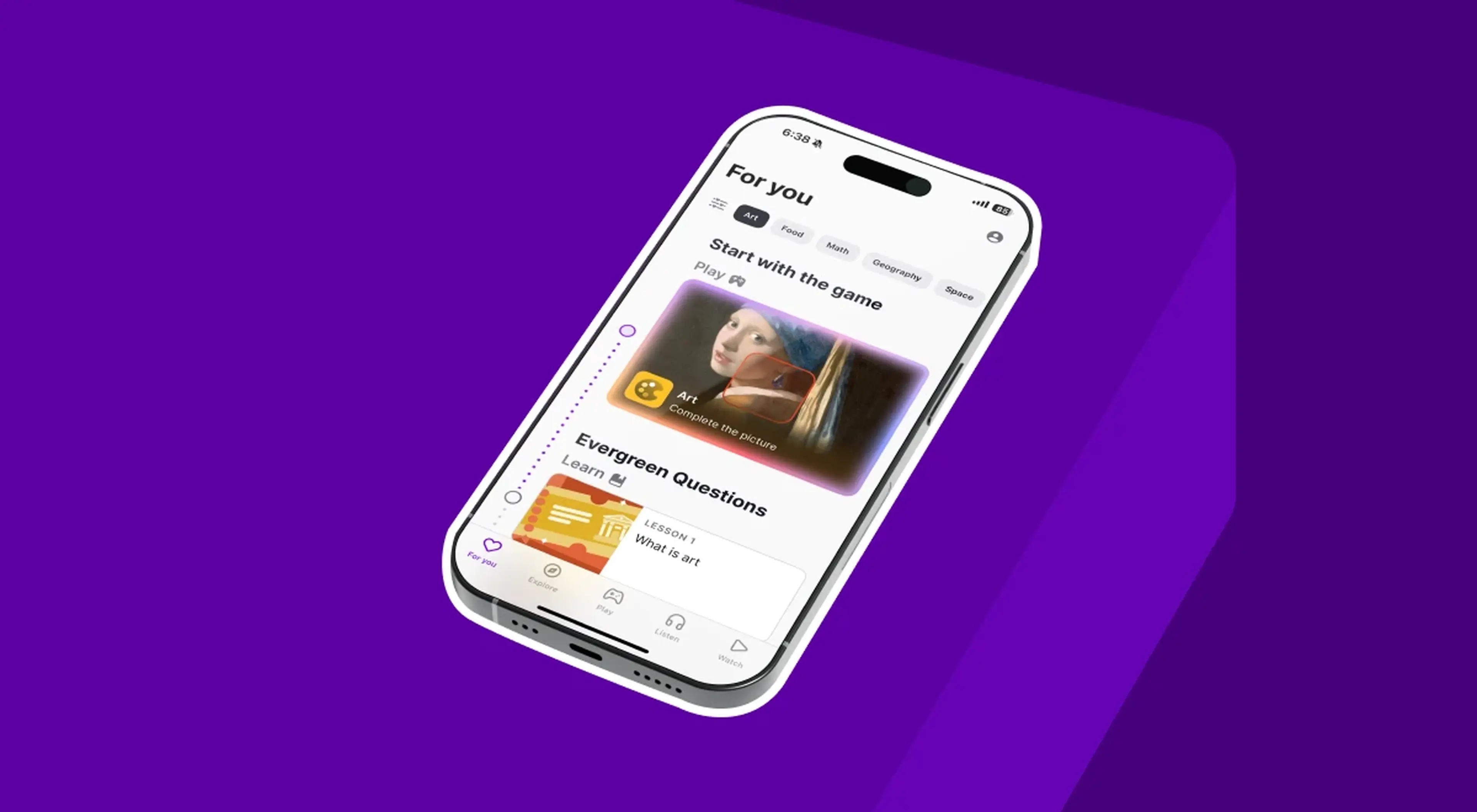 Nibble app on a smartphone against a purple geometric background, showing an art section with a classical painting and Evergreen Questions lesson for daily learning of new skills