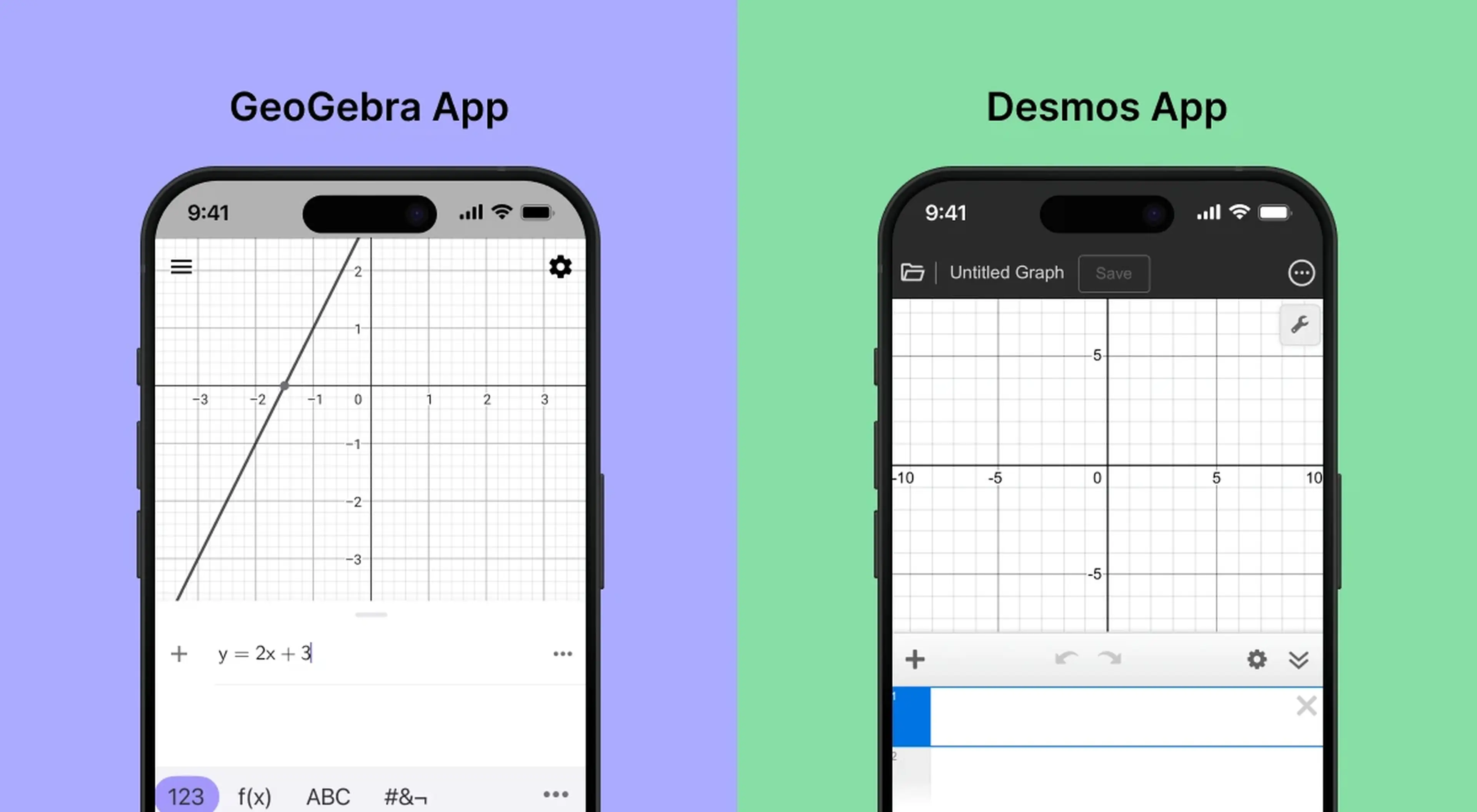 GeoGebra app and Desmos app side-by-side on iPhones showing linear and blank coordinate graphs on purple and green backgrounds