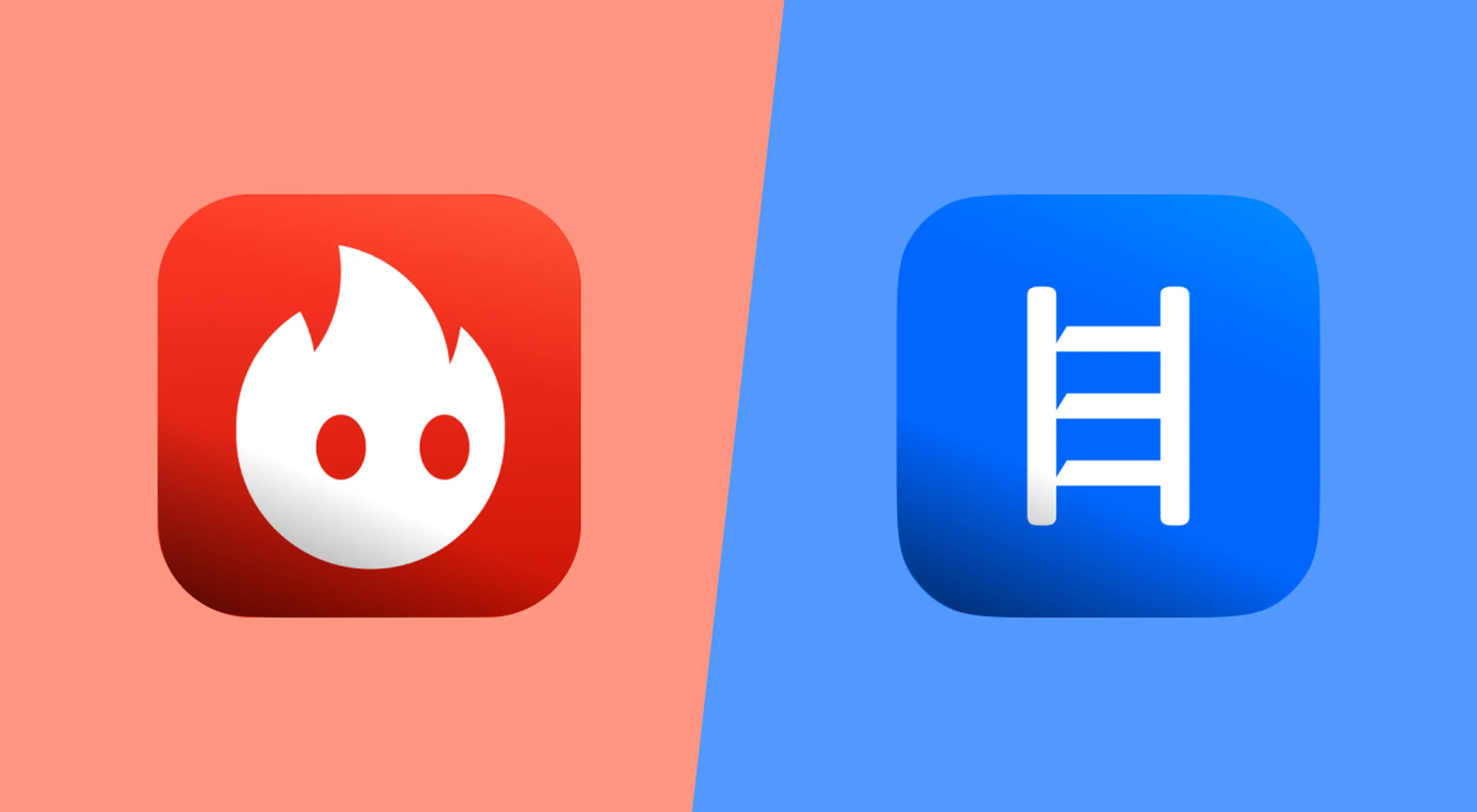 Two app icons compared side by side, a red flame icon on a coral background and a blue ladder icon on a light blue background, illustrating Deepstash vs Headway