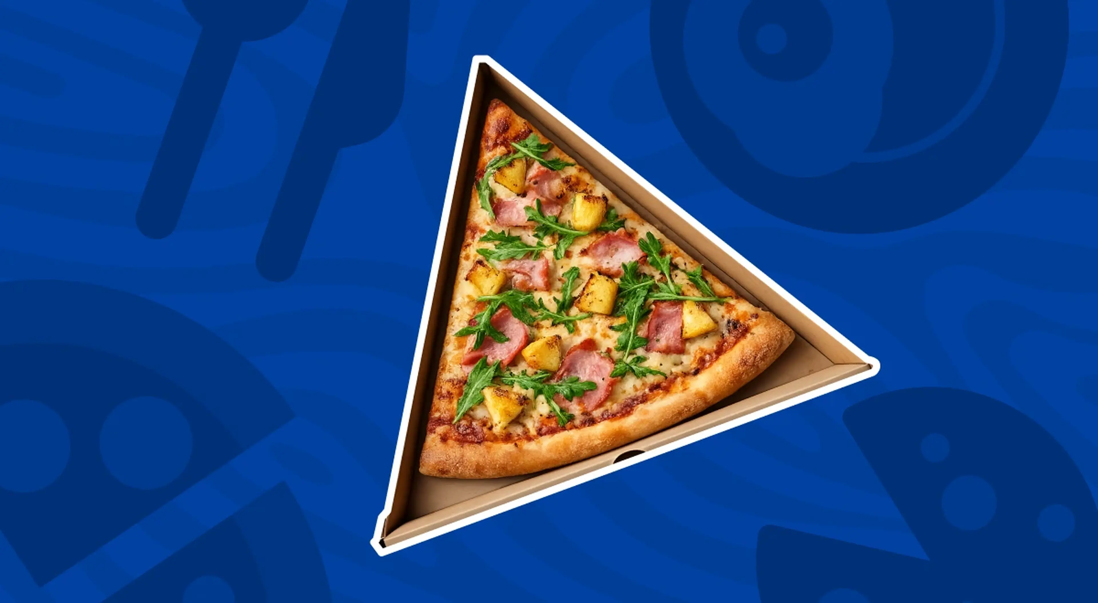 A pizza slice shaped as an equilateral triangle in a cardboard box on a blue background with food icons, illustrating a fun math explanation of triangle geometry