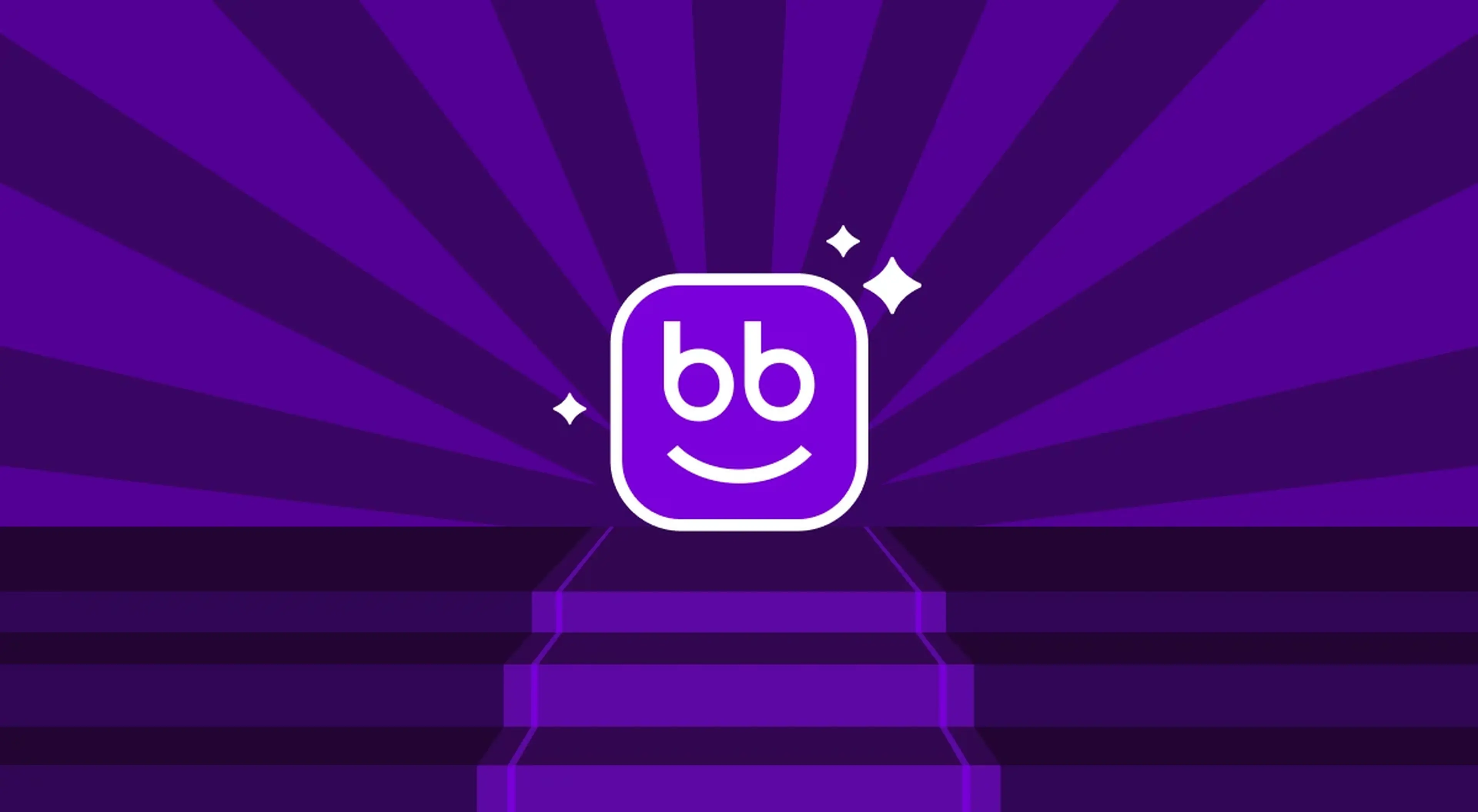 Beelinguapp icon with white _bb_ logo on a purple rounded square displayed on a glowing pedestal against a dark purple starburst background with sparkle accents