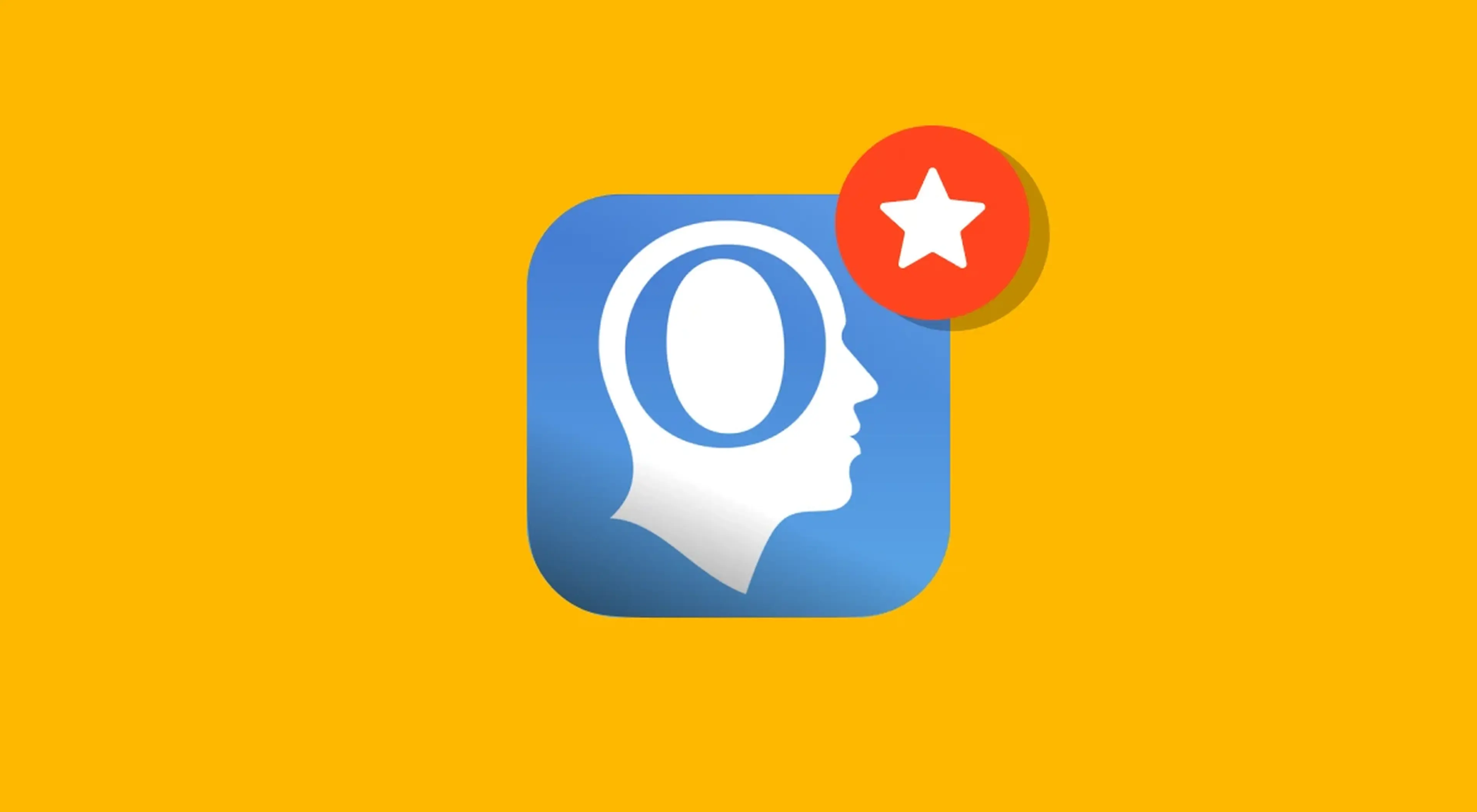 Cognifit brain training app icon featuring a white head silhouette with a circular brain symbol on a blue rounded square, with a red featured badge on a yellow background
