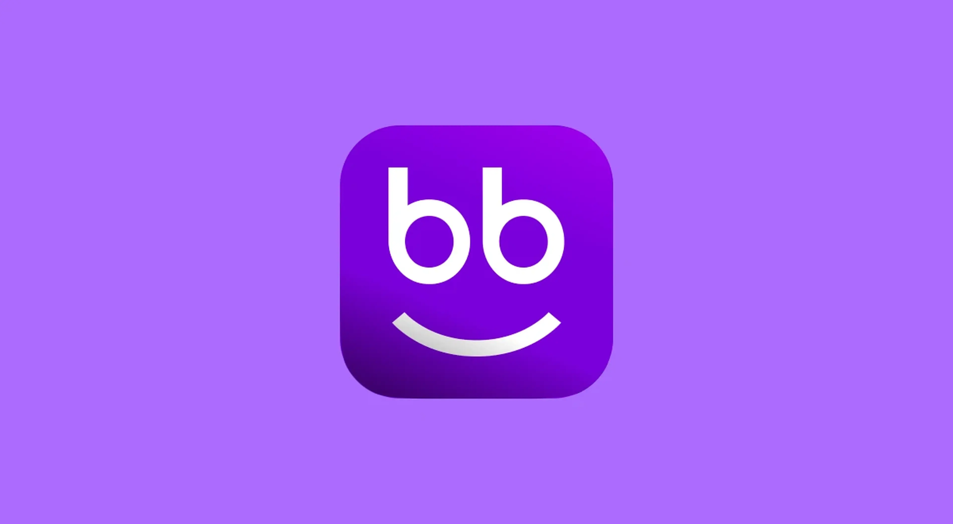 Nibble app icon with white _bb_ letters and a smile curve on a purple rounded square against a light purple background