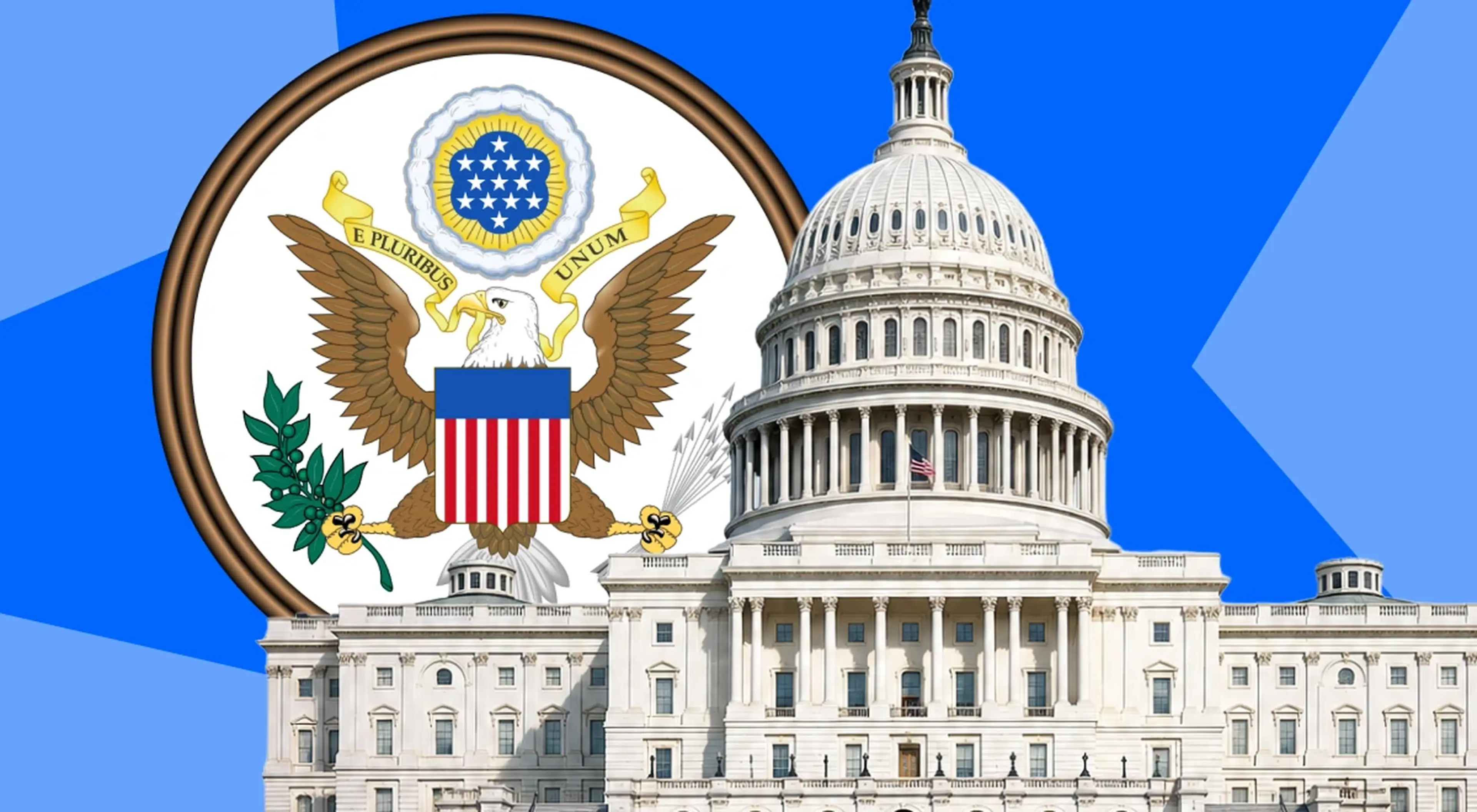 US Capitol building with the Great Seal of the United States overlaid on a blue geometric background, representing American government in a US history trivia context