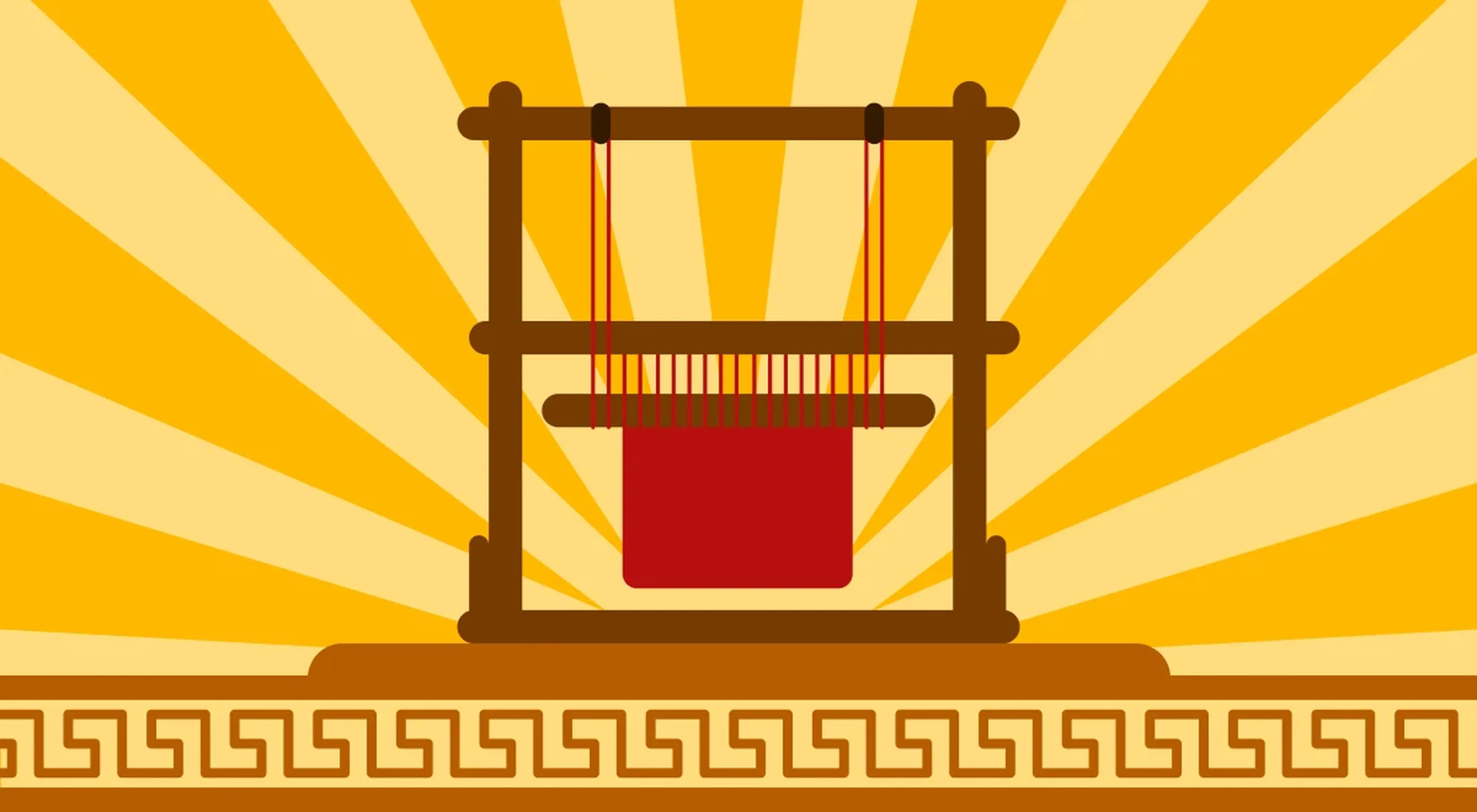 Flat illustration of a traditional ancient Greek wooden loom weaving red fabric, centered on a golden yellow background with a Greek meander border pattern