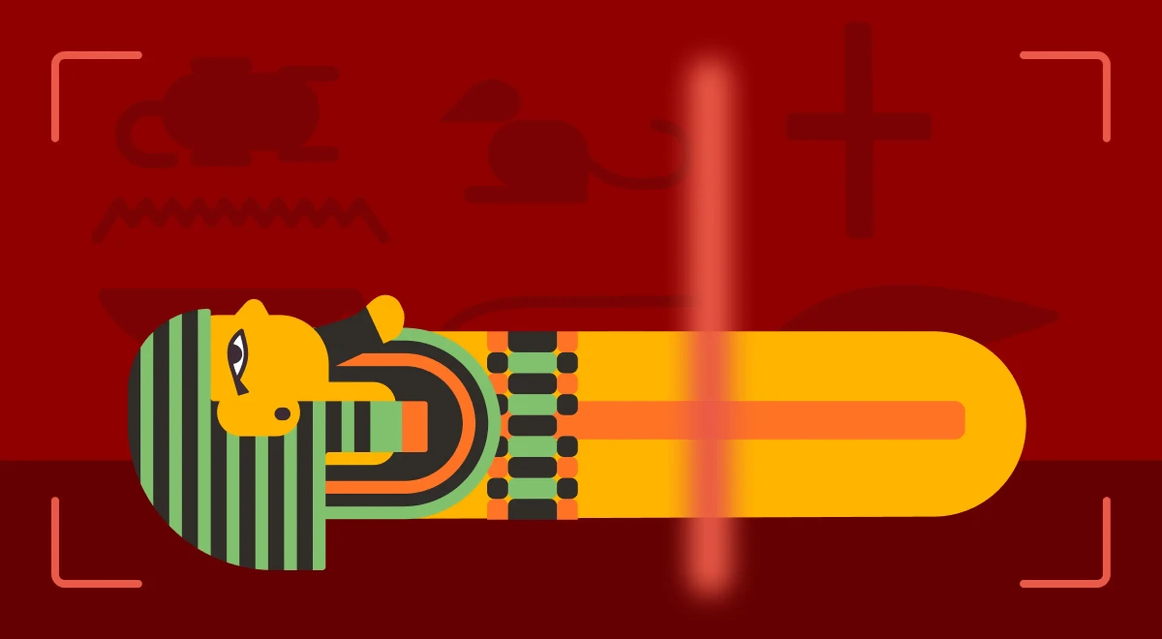 Illustrated Egyptian pharaoh sarcophagus lying horizontally in green and yellow tones on a red background, with a scanning frame overlay and a circular user avatar pin above it