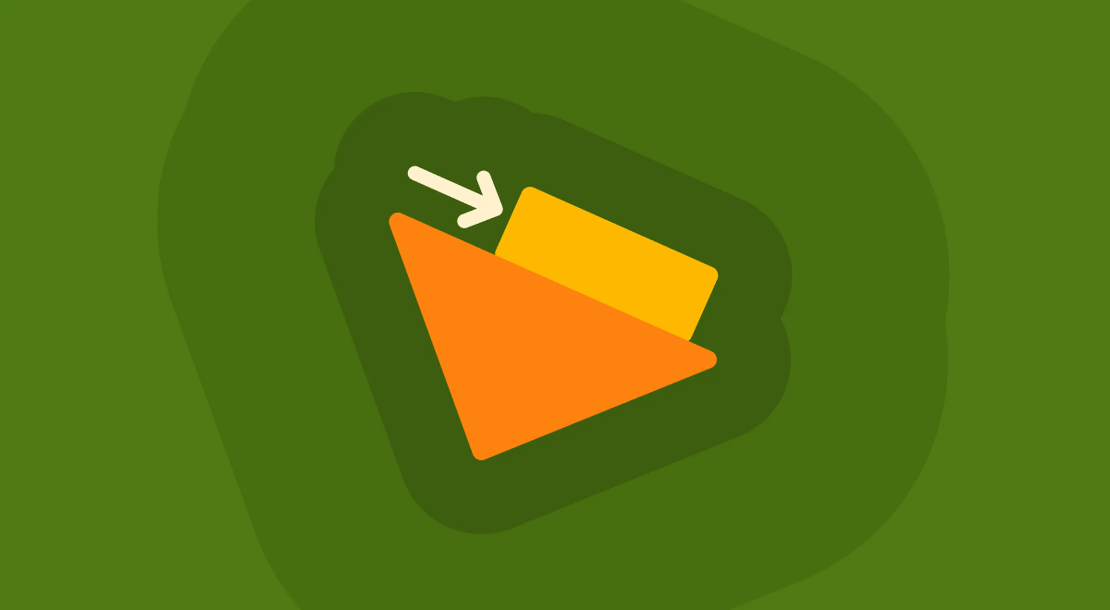 Illustration of an orange play button triangle and yellow card with a cream arrow pointing down on a layered green background, depicting how gravity works