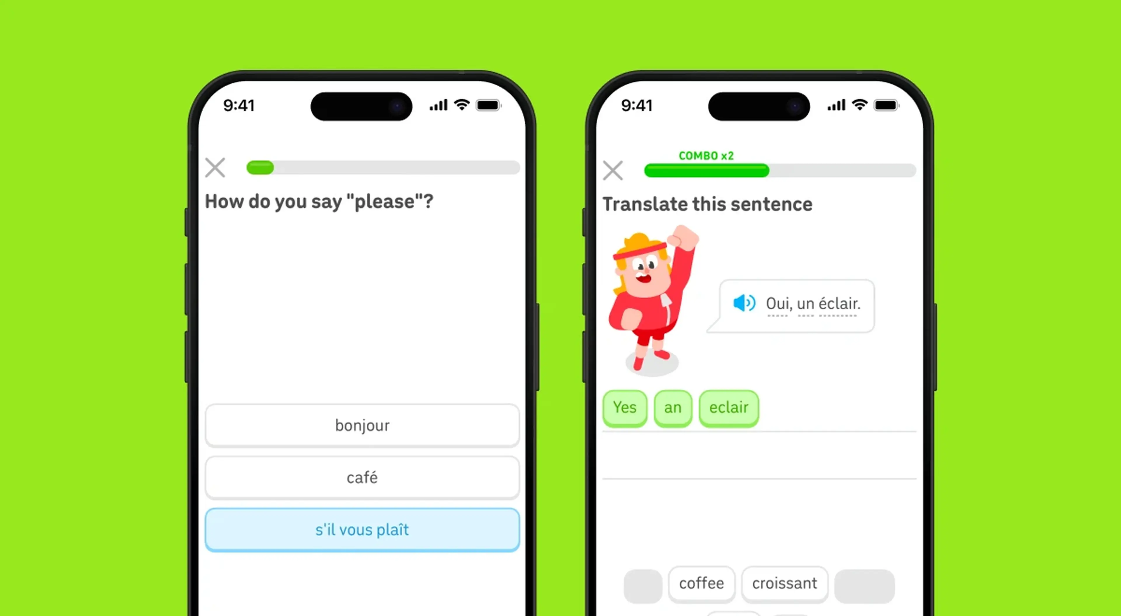 Two Duolingo app screenshots on iPhones showing a French vocabulary question with multiple choice answers and a sentence translation exercise with the animated character on a green background
