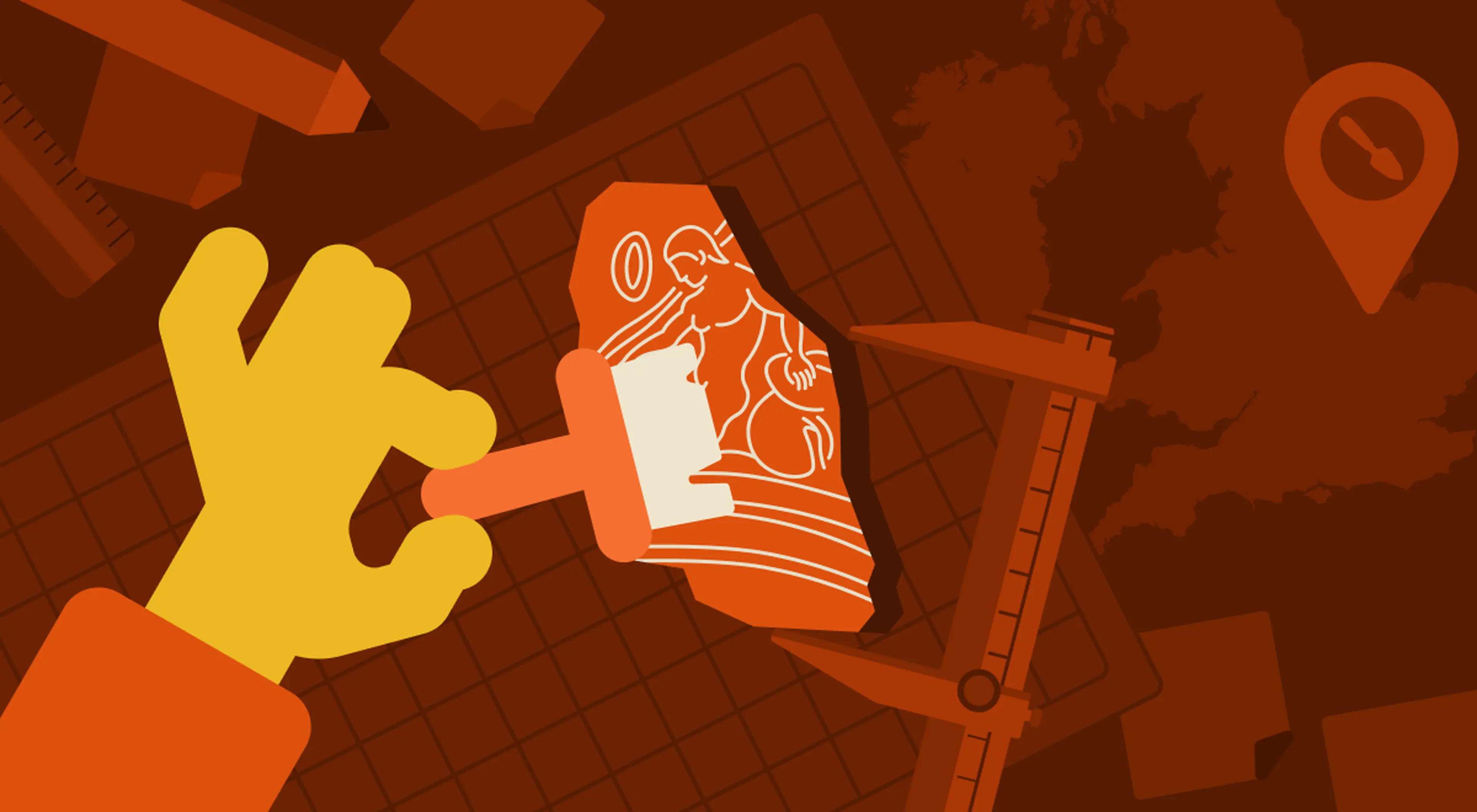 Illustration of a gloved hand holding an ancient carved stone artefact at an archaeological dig event, with calipers, a ruler, a map of Britain and a location pin on a grid background