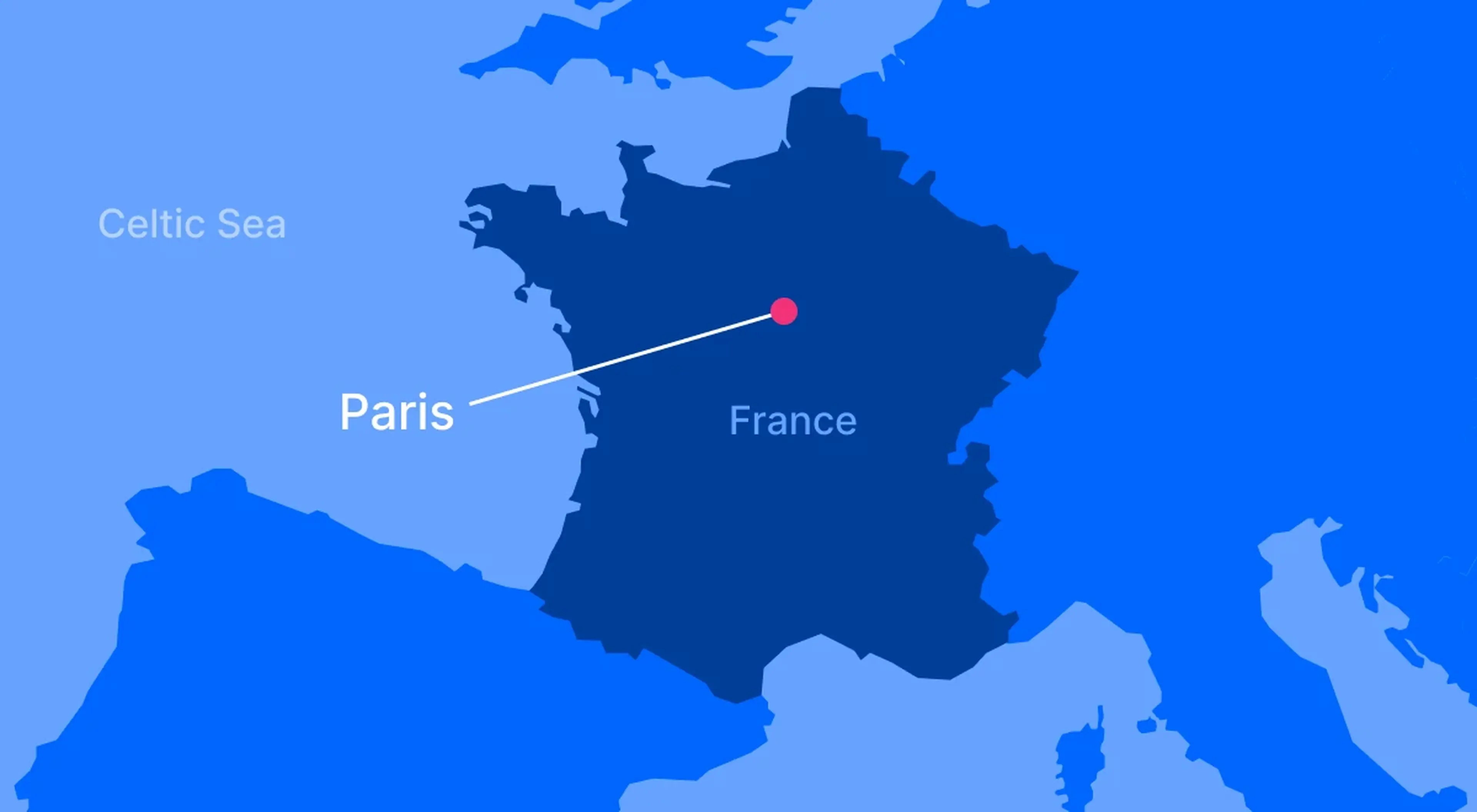 Illustrated map highlighting France with Paris marked, set on a blue background representing geography general knowledge questions