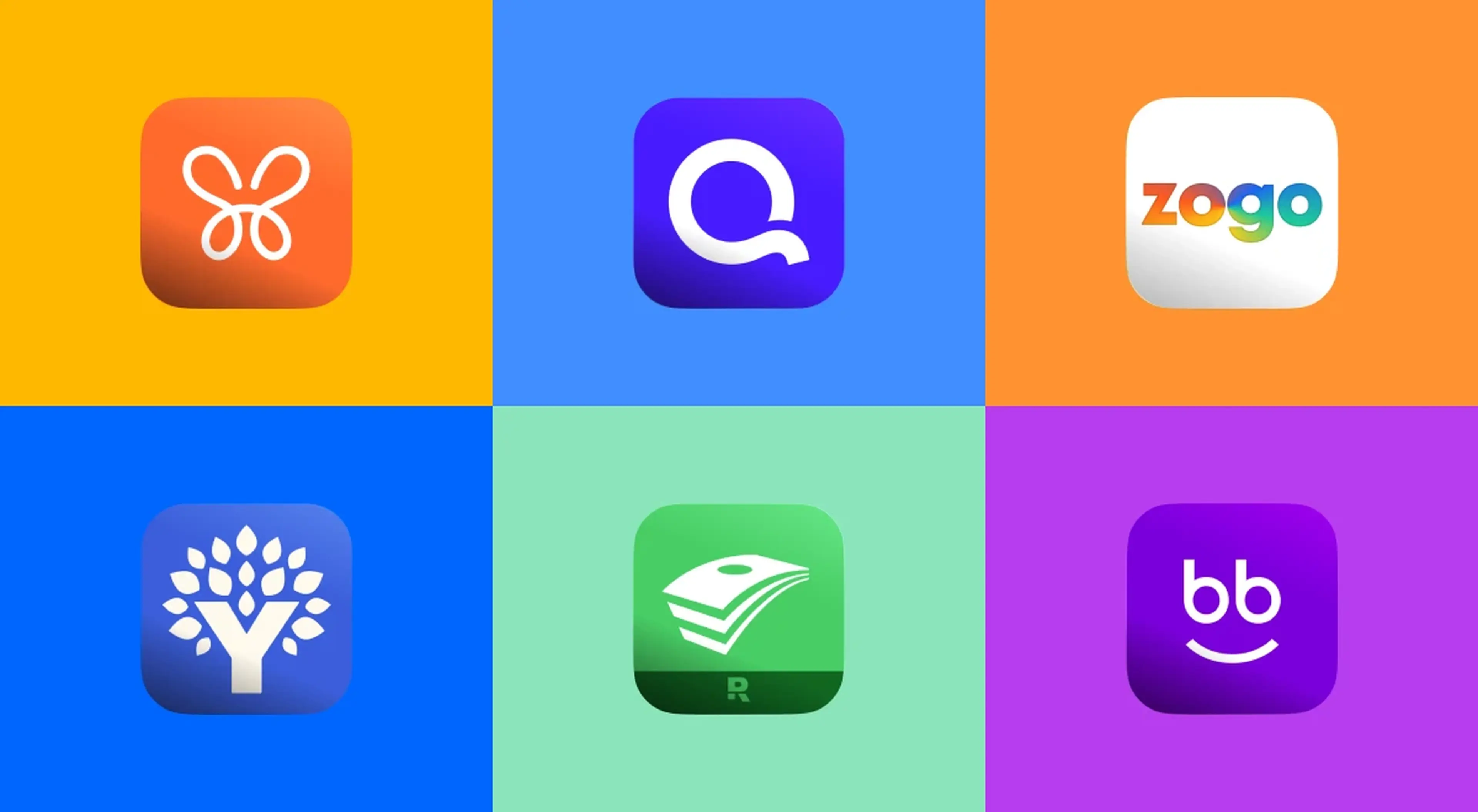Grid of six colorful app icons for personal finances, including Nibble, Quicken Simplifi, Zogo, YNAB, Monarch Money, and EveryDollar logos on vibrant background tiles