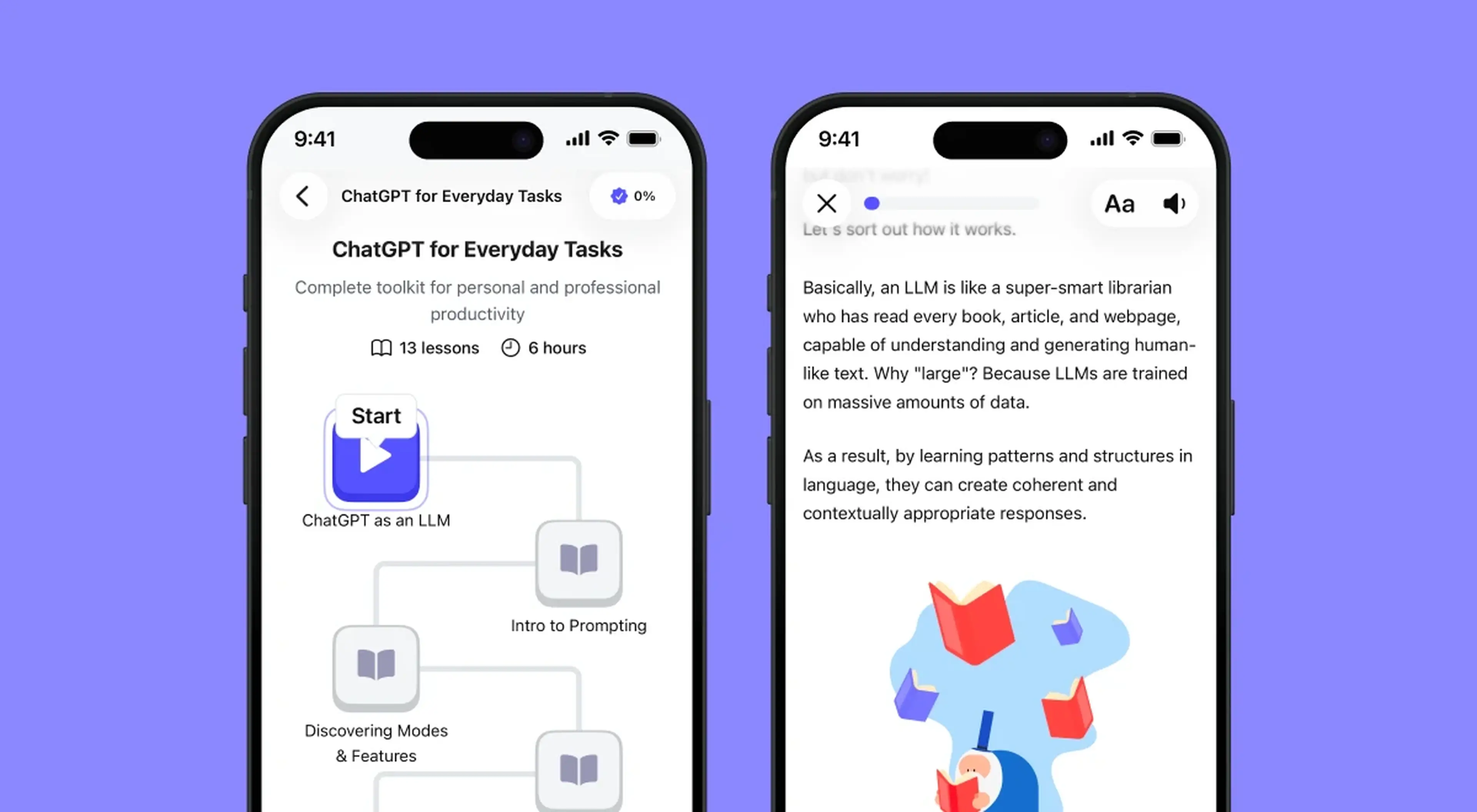 Two smartphones displaying the Coursiv app course screen for ChatGPT for Everyday Tasks, showing lesson structure and illustrated LLM explanation on a purple background